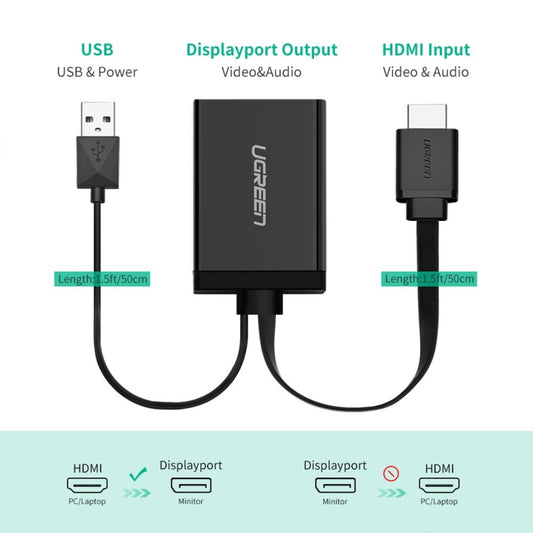 محول HDMI إلى DisplayPort من UGREEN 40238 بدقة 4K2K بمعدل 30 هرتز و1080 بكسل بمعدل 120 هرتز