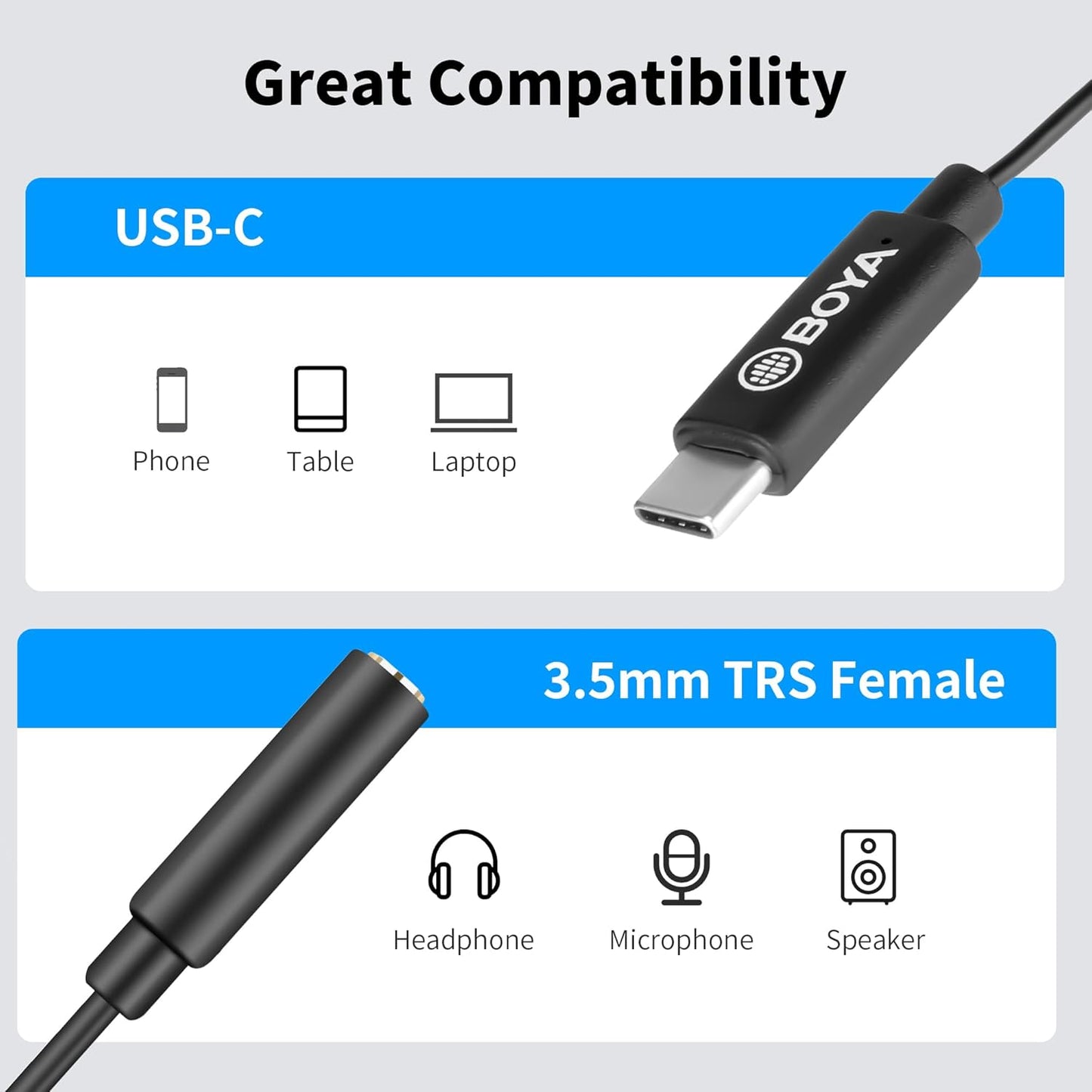 BOYA BY-K4 3.5mm Female TRS to Male USB Type-C Adapter Cable Connector Dongle