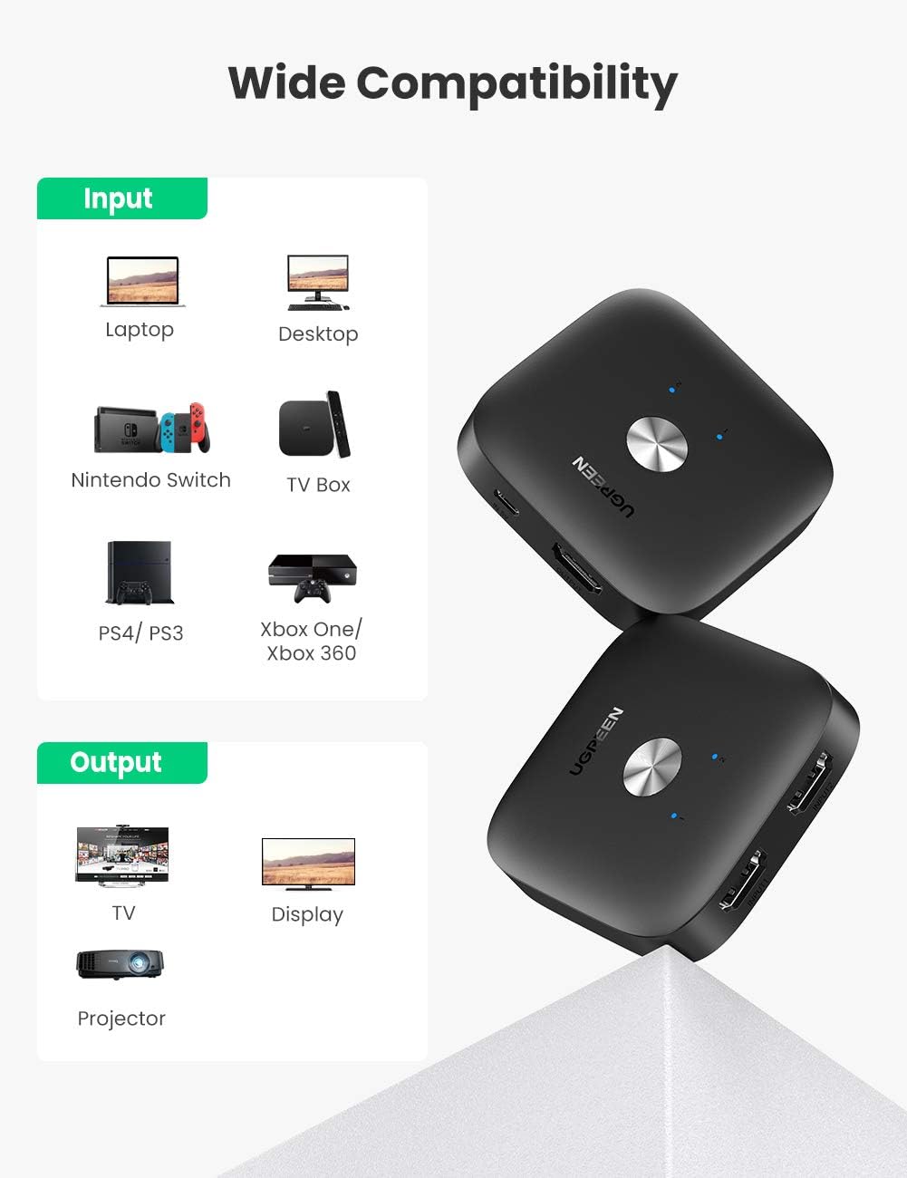 80126/ UGREEN HDMI Switch 4K@60Hz 2 IN 1 Out HDMI 2.0 Switcher Supports 18Gbps High Speed, 3D, HDR, HDCP 2.2