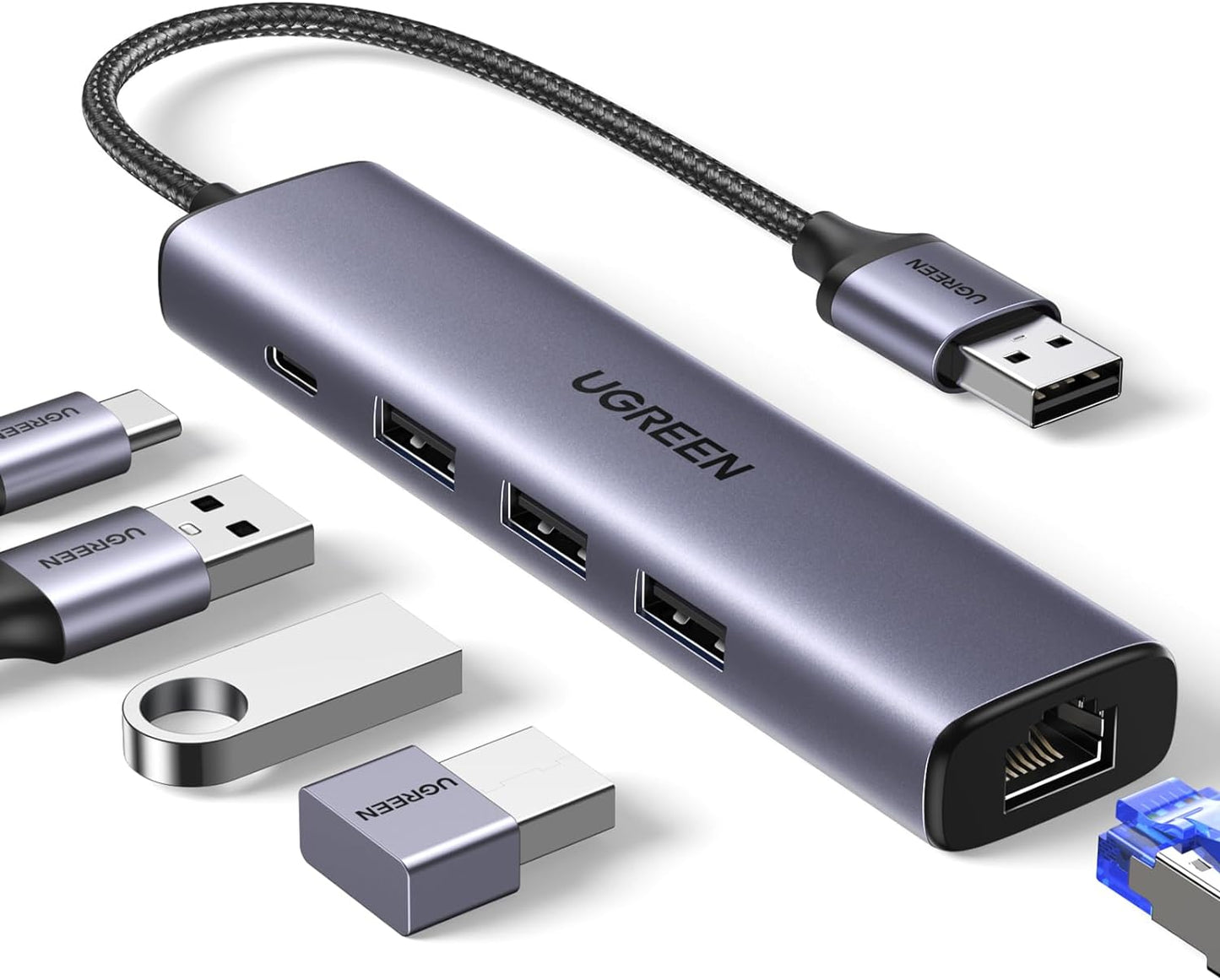 محول إيثرنت USB3.0 إلى 3 منافذ USB3.0 +RJ45 (1G) من يوجرين مع مزود طاقة من النوع تايب سي /60554