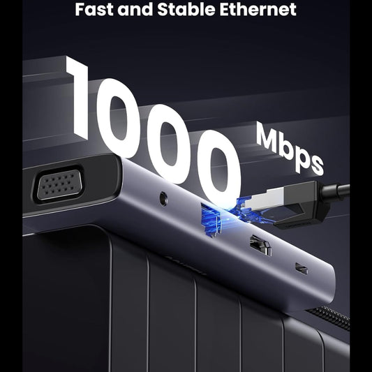 15601 / UGREEN USB-C to 3*USB 3.0 A+HDMI 4K@30Hz;2K@60HZ;1080P@120Hz + VGA + RJ45 + SD/TF + 3.5mm Audio + PD Adapter