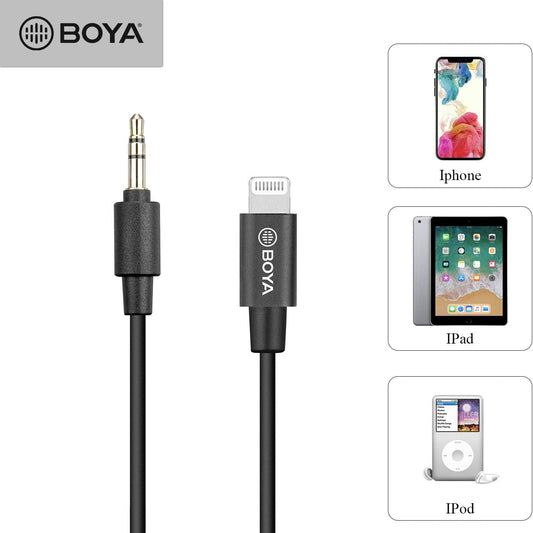 BOYA BY-K1 3.5mm Male to Apple MFi Male Certified Lightning Adapter Cable (20cm)