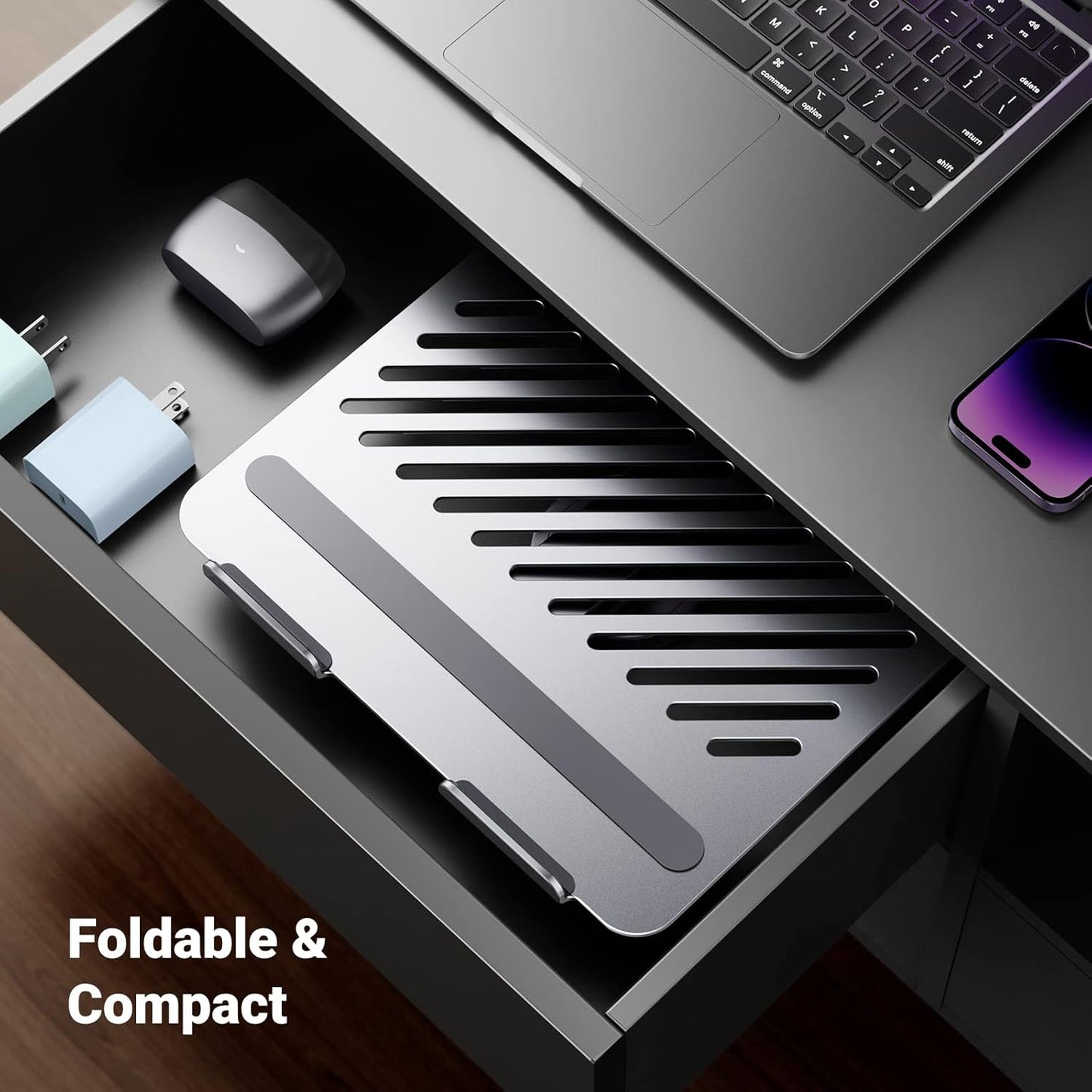 90849 / حامل كمبيوتر محمول قابل للتعديل والطي بزاوية كاملة من Ugreen، دوران أفقي 360 درجة (201 مم) حتى 17.3 بوصة (فضي)