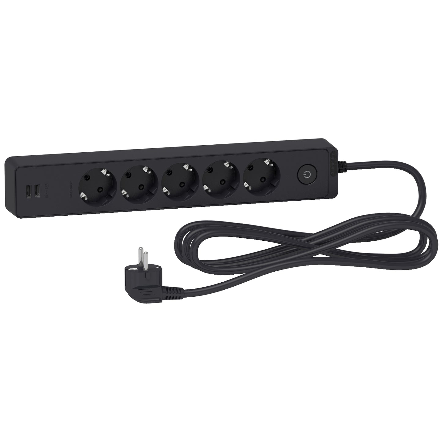 وصلة كهرباء شنايدر بخمسة منافذ ومنفذي شحن| أبيض/أسود | 1.5/3 متر | قابس أوروبي