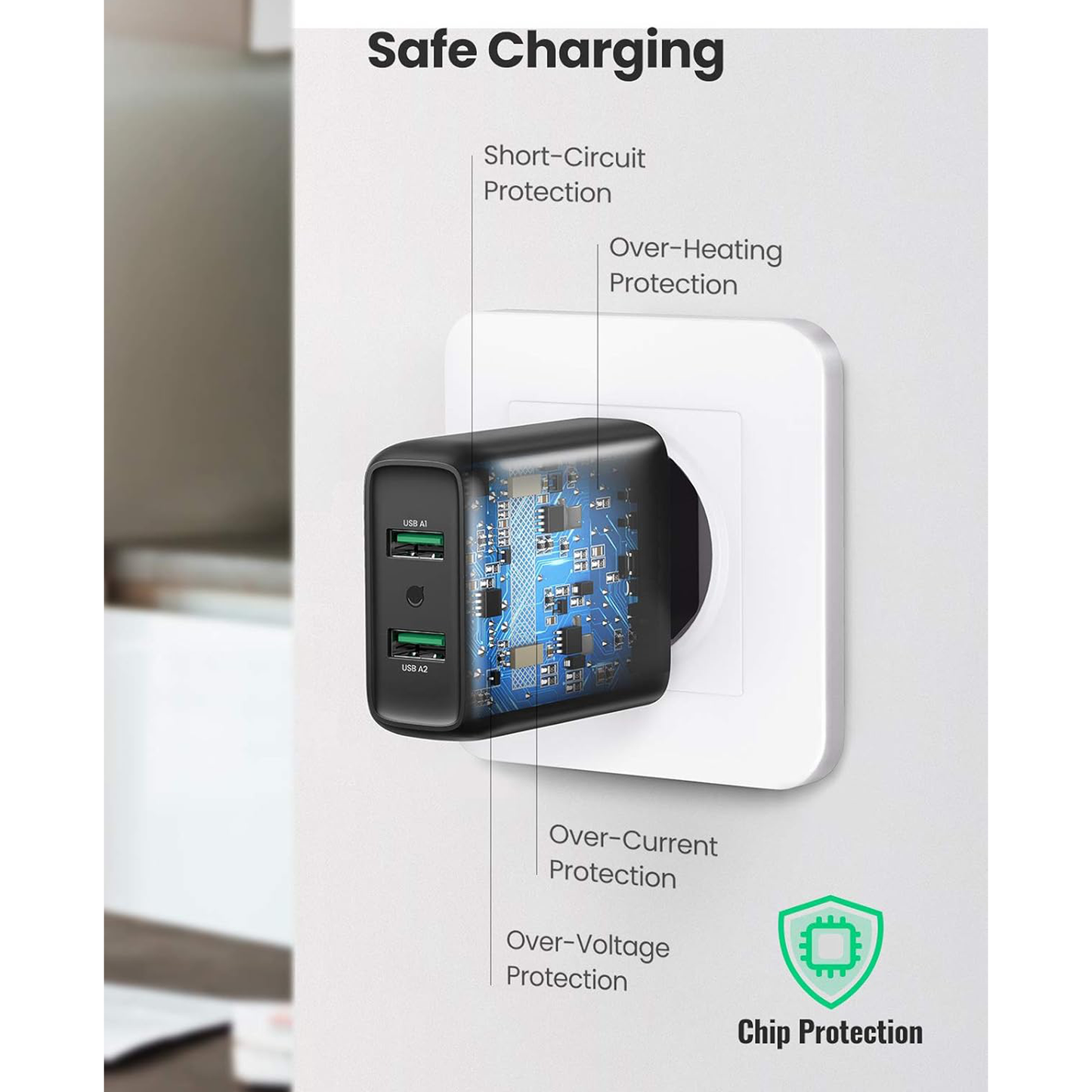 شاحن يو إس بي 10216 من يوجرين 36 وات بتقنية الشحن السريع 3.0 ومحول شاحن بمنفذين (أسود)/ 10216