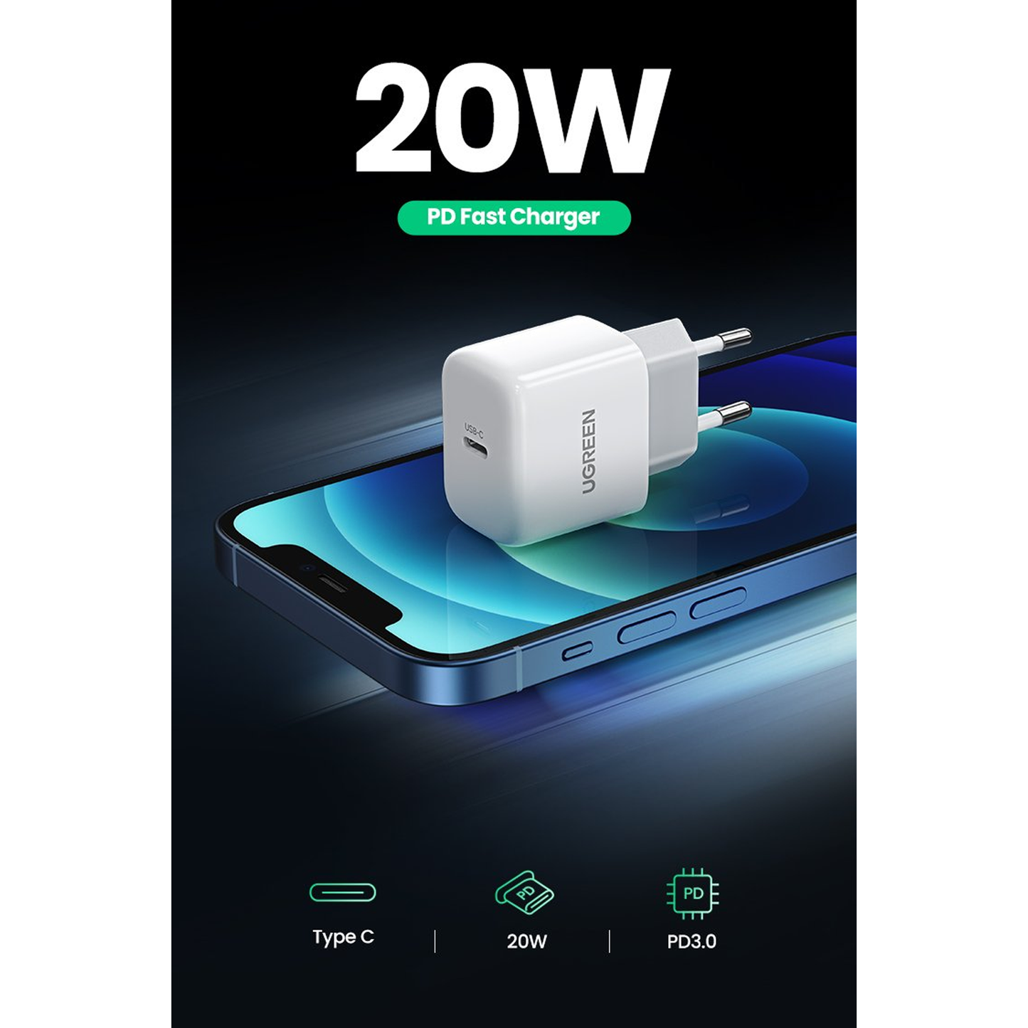 UGREEN 20W USB C Charger USB C Power Supply Mini USB C Power Adapter (White) /10220