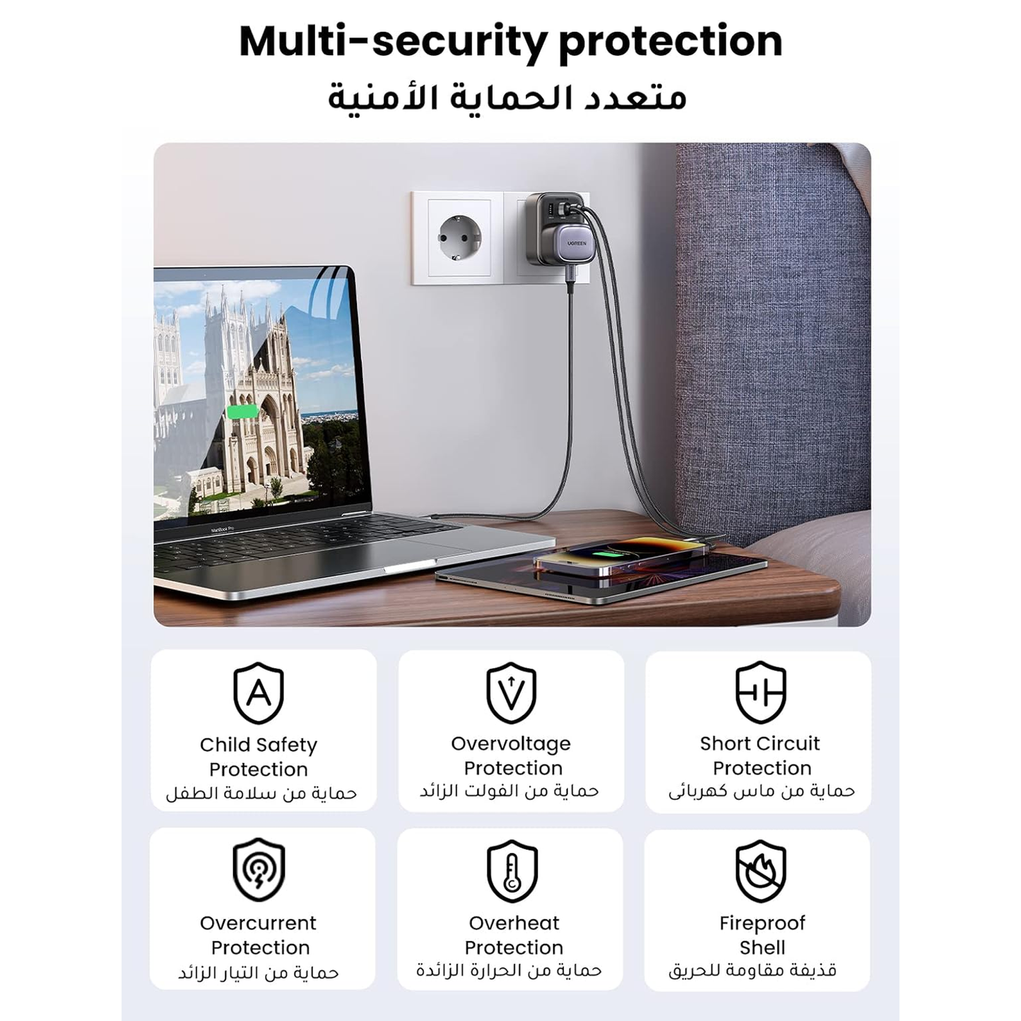 عظمة كهرباء مدمجة بشاحن 2 مدخل بقوة 30 واط مدخل انجليزي-اروبي من يوجرين/ 15290