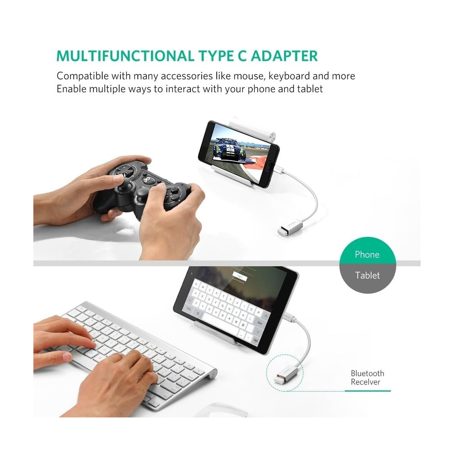 كابل OTG USB-C ذكر إلى USB 3.0 أنثى من UGREEN بطول 15 سم (أبيض) 30702 