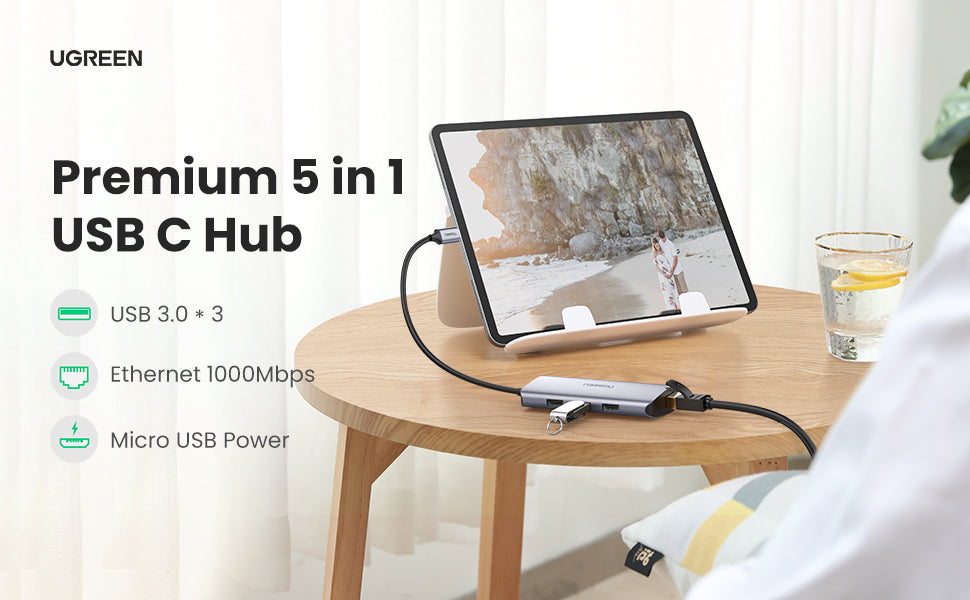 محول USB-C إلى 3xUSB-A3.0 بسرعة تصل إلى 5 جيجابت في الثانية + مدخل جيجا ايثرنت + منفذ طاقة مايكرو يو اس بي / 60718