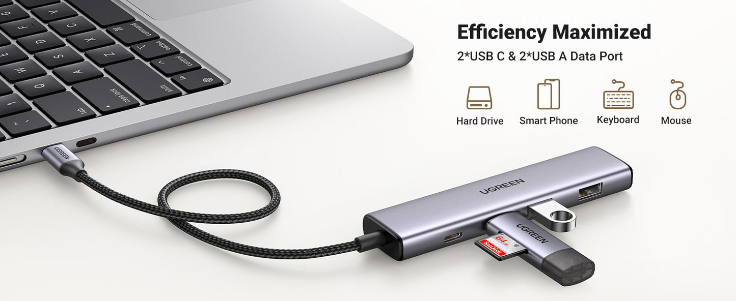 موزع USB-C إلى USB-A بمنفذين + USB-C بمنفذين بسرعة تصل إلى 5 جيجابت في الثانية بدون منفذ طاقة من يوجرين / 15395