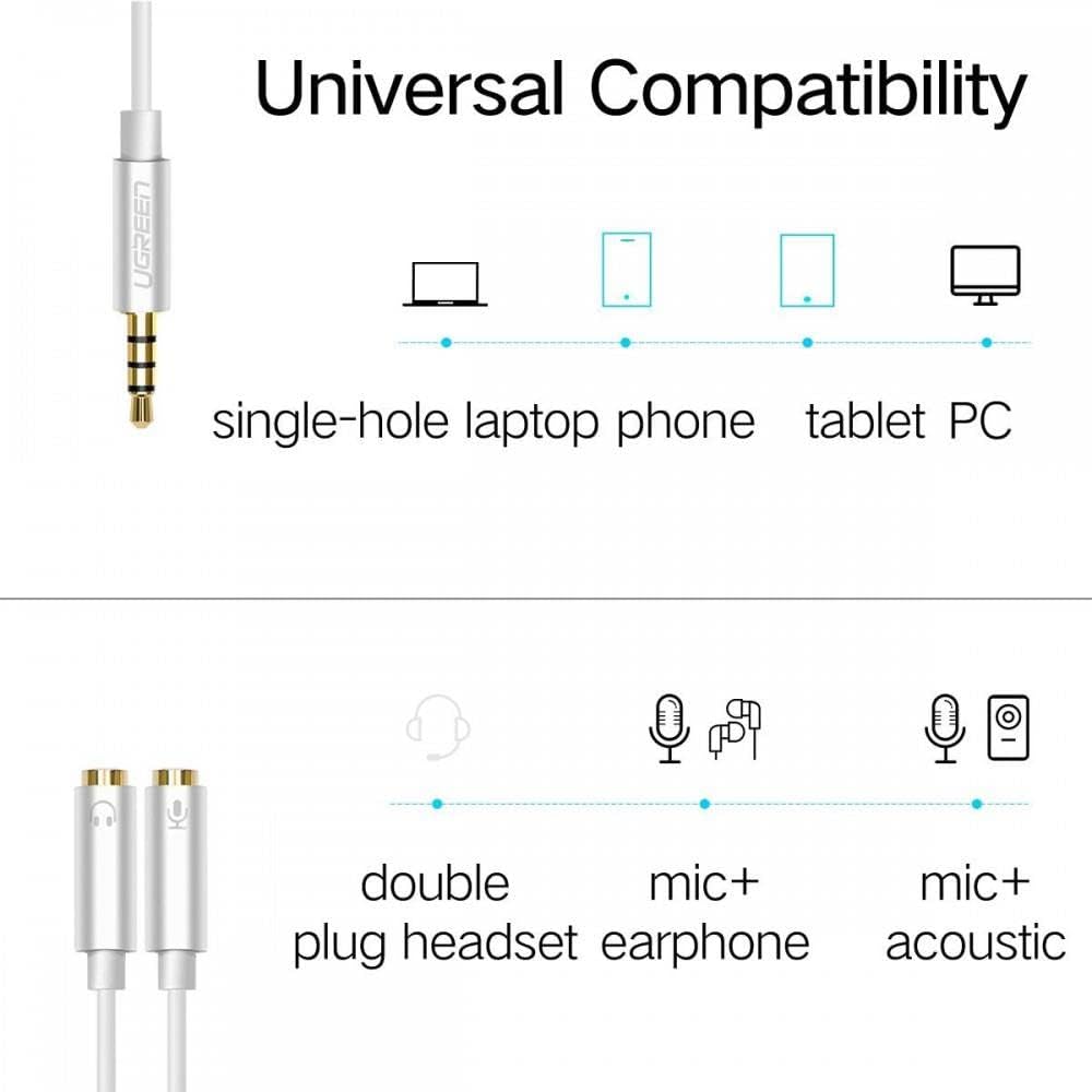 كابل صوت UGREEN مقاس 3.5 مم ذكر إلى 2 أنثى مع هيكل من الألومنيوم (أسود) /30619