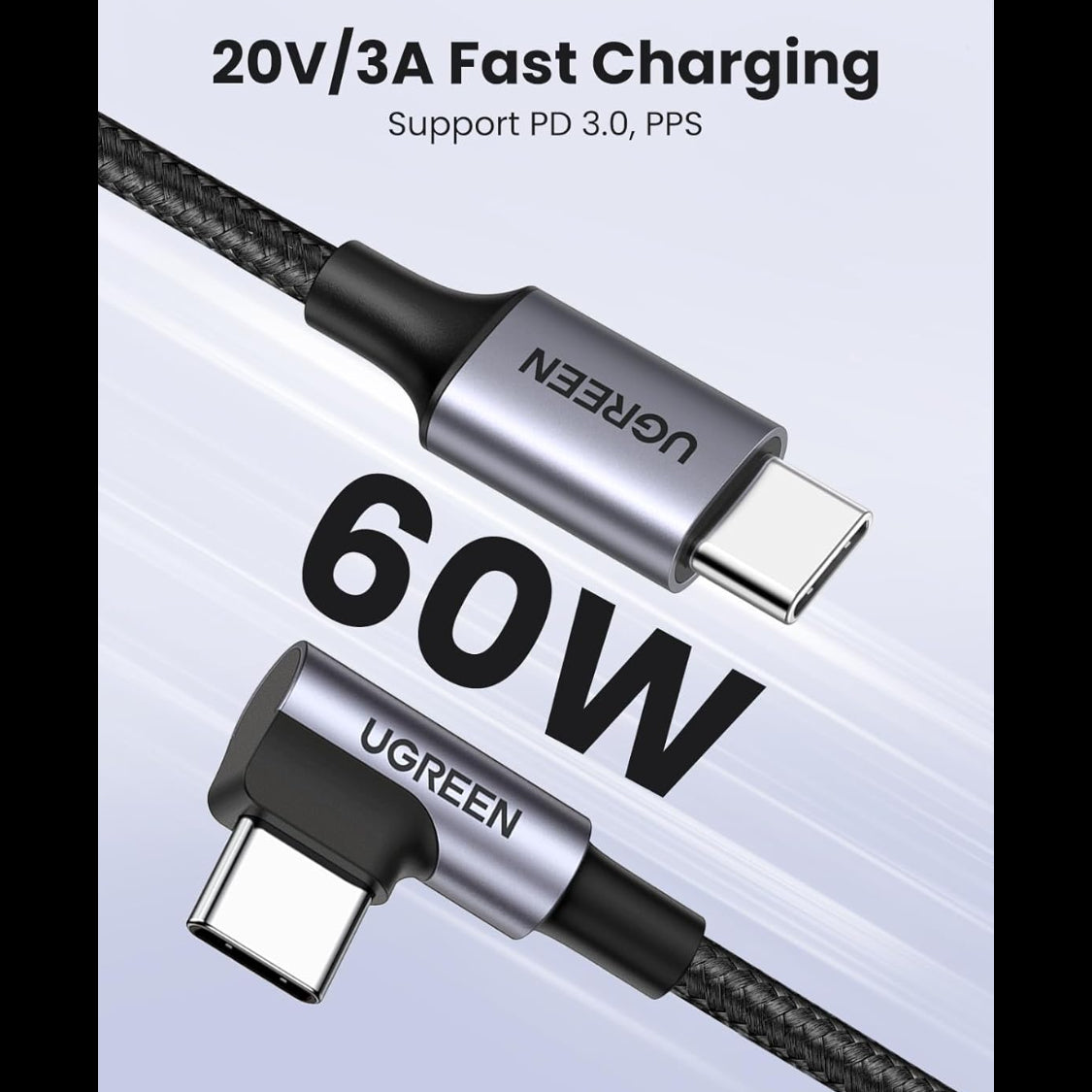 UGREEN USB-C  2.0 Male To Angled USB-C 2.0 Male 3A Data Cable(90°Angle) /US255