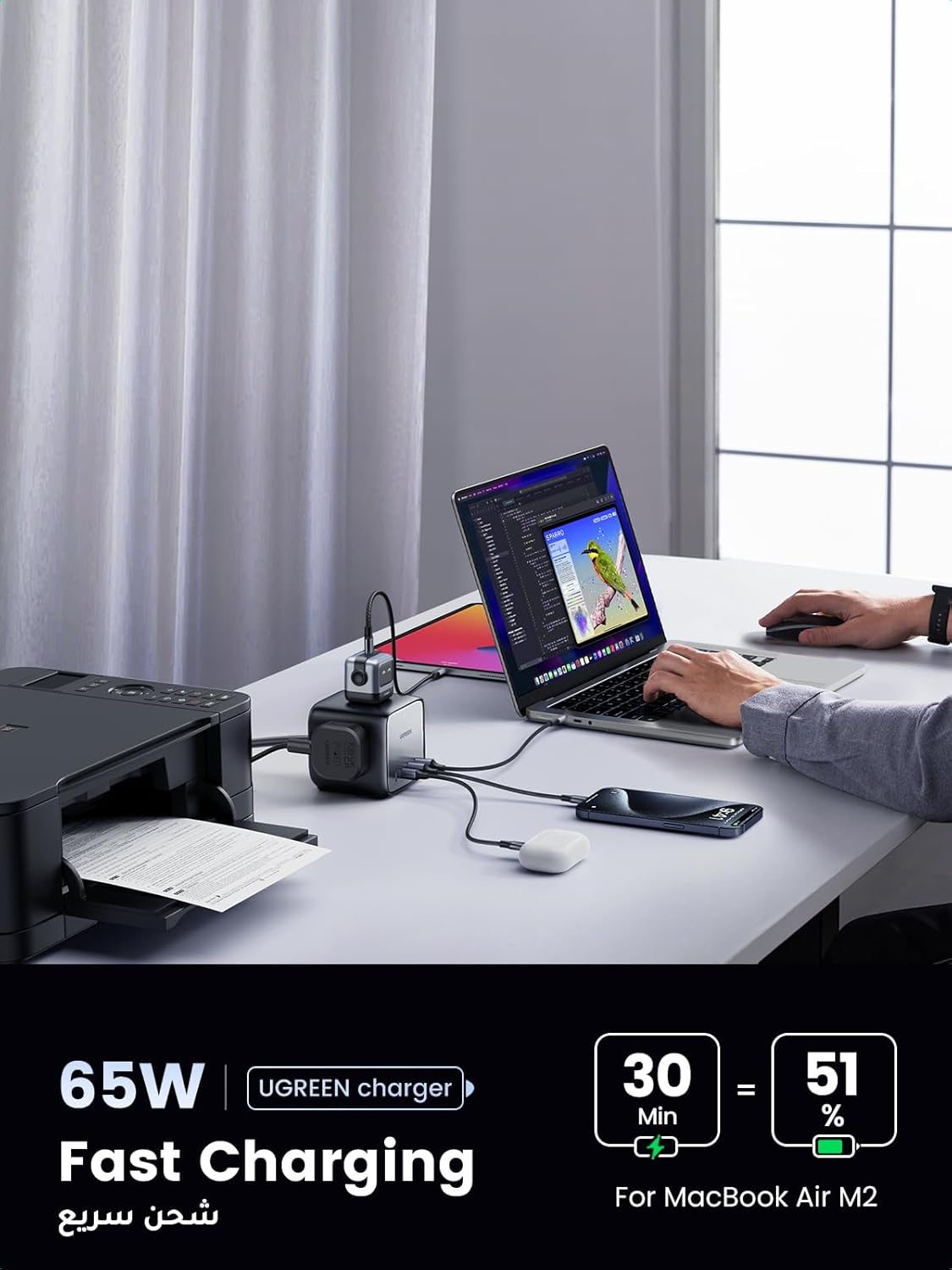 وصلة كهرباء يوجرين 3 مداخل كهرباء و 4 منافذ شحن بقوة 65 واط/ 90906