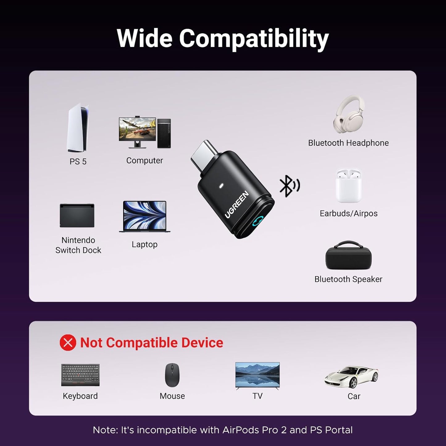 UGREEN Bluetooth 5.3 Adapter for PS5 and PC APTX Low Latency / 45008