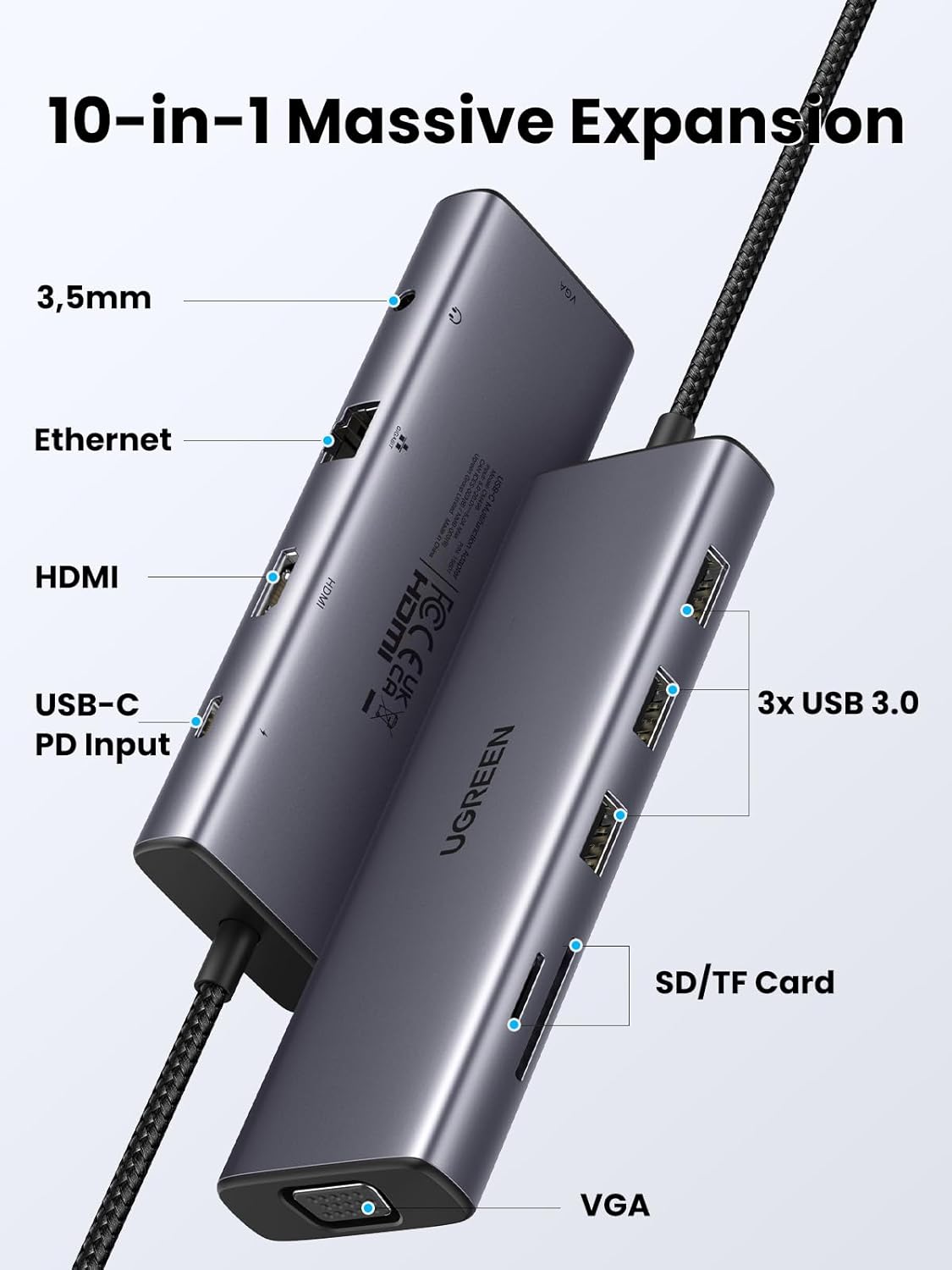 UGREEN USB-C to 3*USB 3.0 A+HDMI 4K@30Hz;2K@60HZ;1080P@120Hz + VGA + RJ45 + SD/TF + 3.5mm Audio + PD Adapter UGREEN USB-C to 3*USB 3.0 A+HDMI 4K@30Hz;2K@60HZ;1080P@120Hz + VGA + RJ45 + SD/TF + 3.5mm Audio + PD Adapter