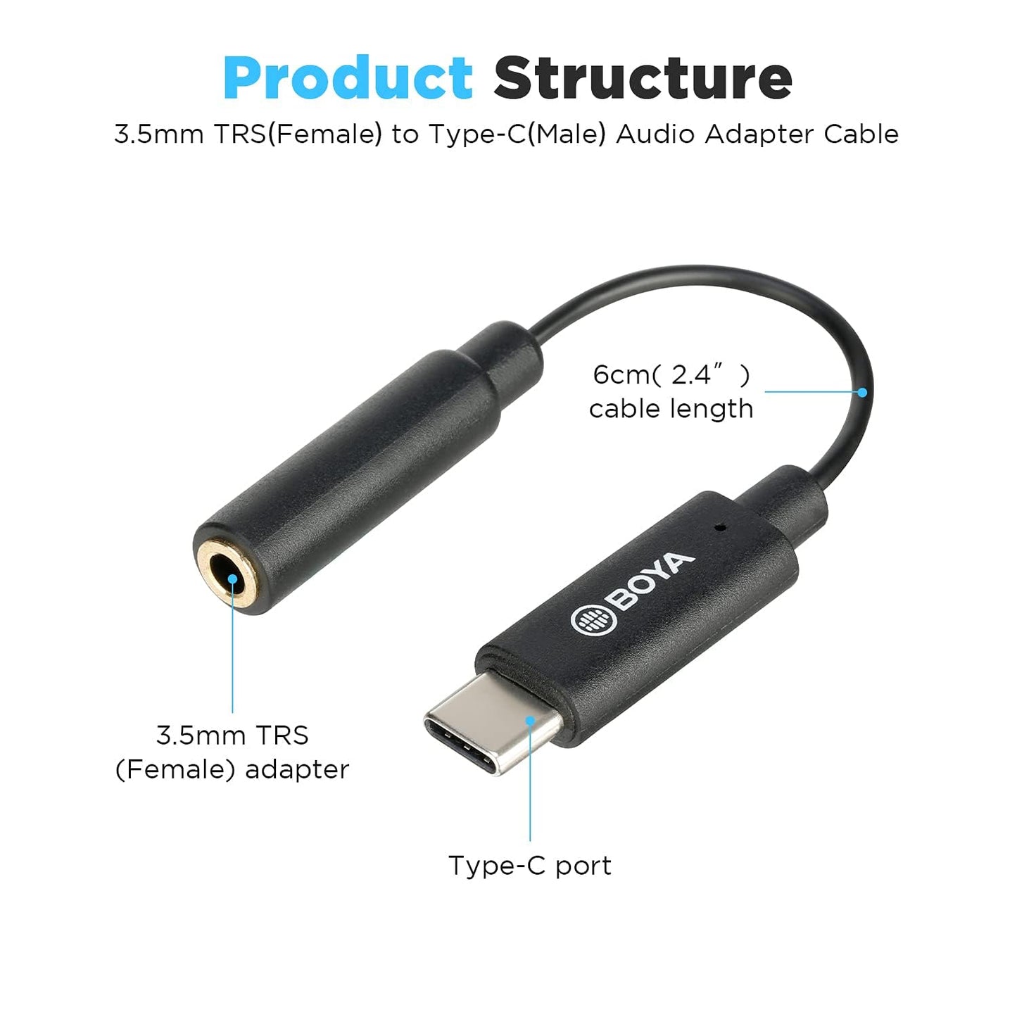 BOYA BY-K4 3.5mm Female TRS to Male USB Type-C Adapter Cable Connector Dongle