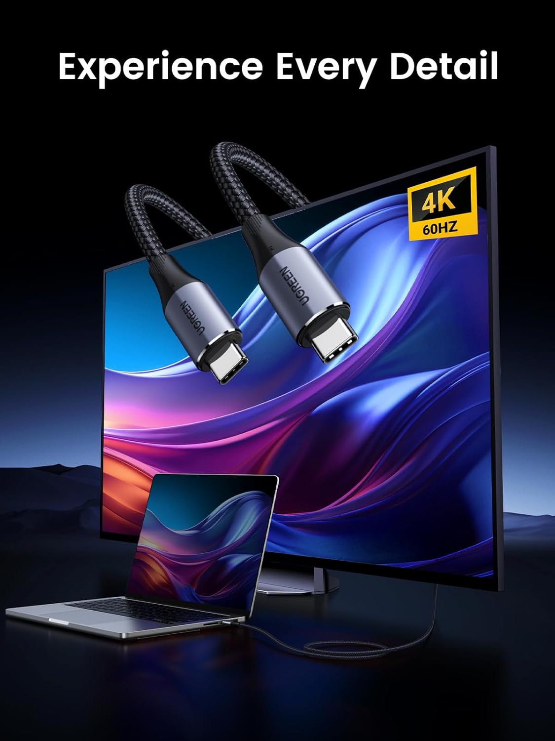 كابل شحن UGREEN 240 واط USB-C إلى USB-C، USB 3.1 الجيل الثاني 10 جيجابت في الثانية 4K@60Hz (1 متر) / US355