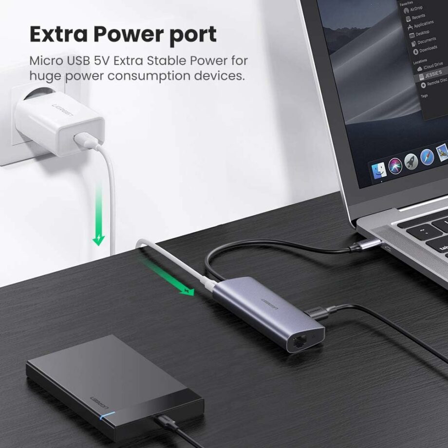 محول USB-C إلى 3xUSB-A3.0 بسرعة تصل إلى 5 جيجابت في الثانية + مدخل جيجا ايثرنت + منفذ طاقة مايكرو يو اس بي / 60718