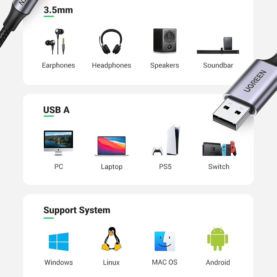 UGREEN USB to 3.5mm Audio Jack USB A Sound Card Adapter /30757