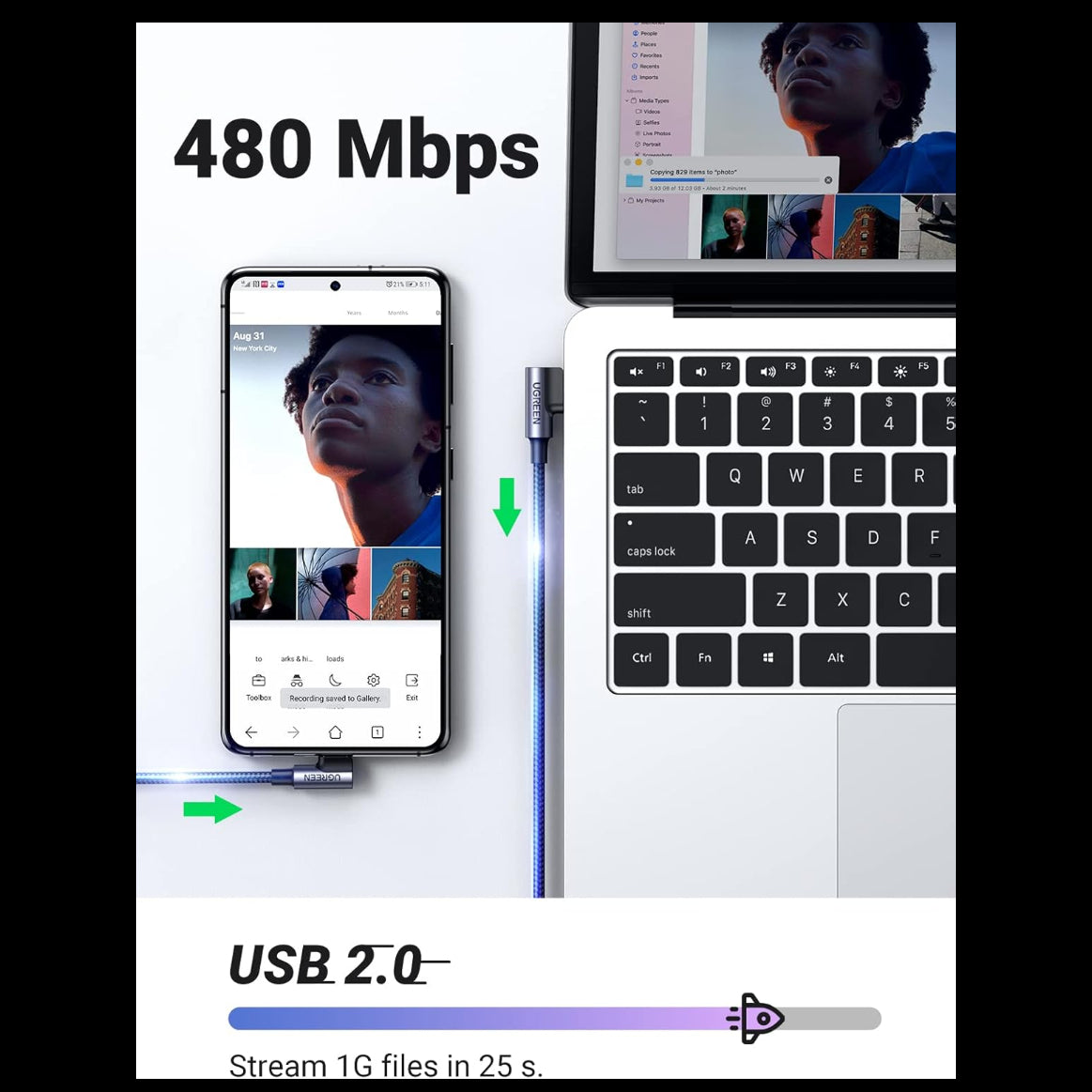 UGREEN Angled USB-C Male To Angled USB 2.0 A Male 3A Data Cable(90°Angle)/US176