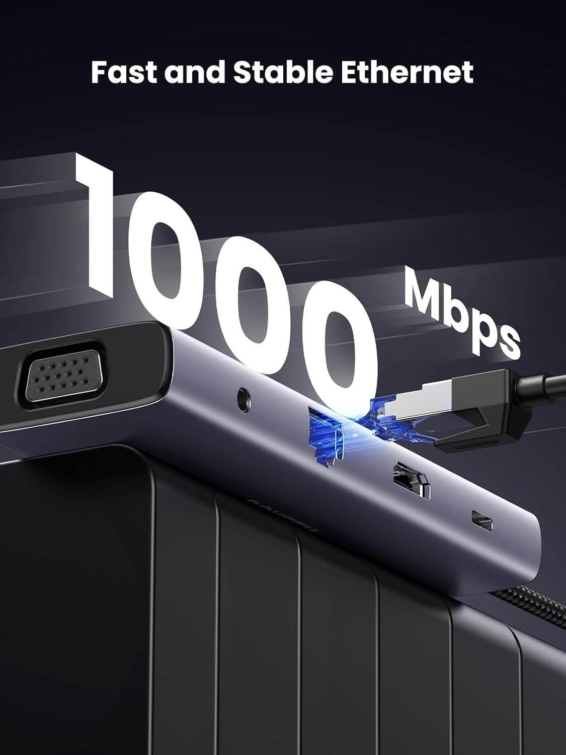 15601 / UGREEN USB-C to 3*USB 3.0 A+HDMI 4K@30Hz;2K@60HZ;1080P@120Hz + VGA + RJ45 + SD/TF + 3.5mm Audio + PD Adapter