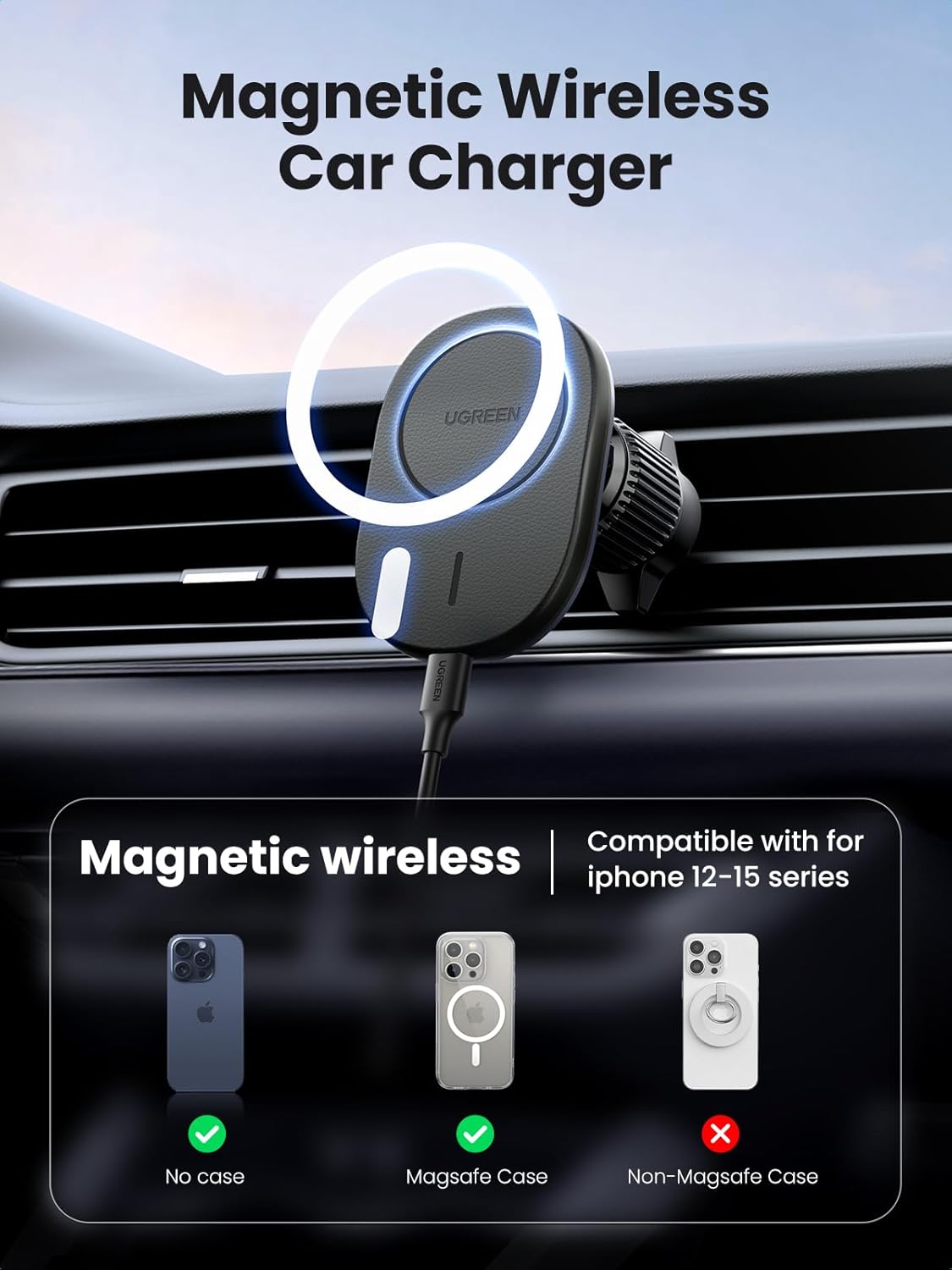 25925 /UGREEN MagSafe Car Mount Charger, Magnetic Wireless Car