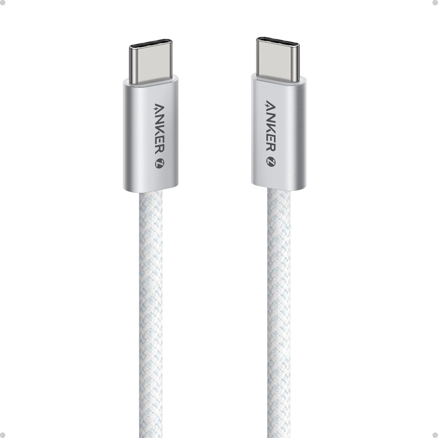 كابل أنكر زولو 240 واط من USB Type-C إلى USB Type-C، كابل مضفر ومضاد للأوساخ من النوع C للشحن السريع بطول 1 متر - أبيض