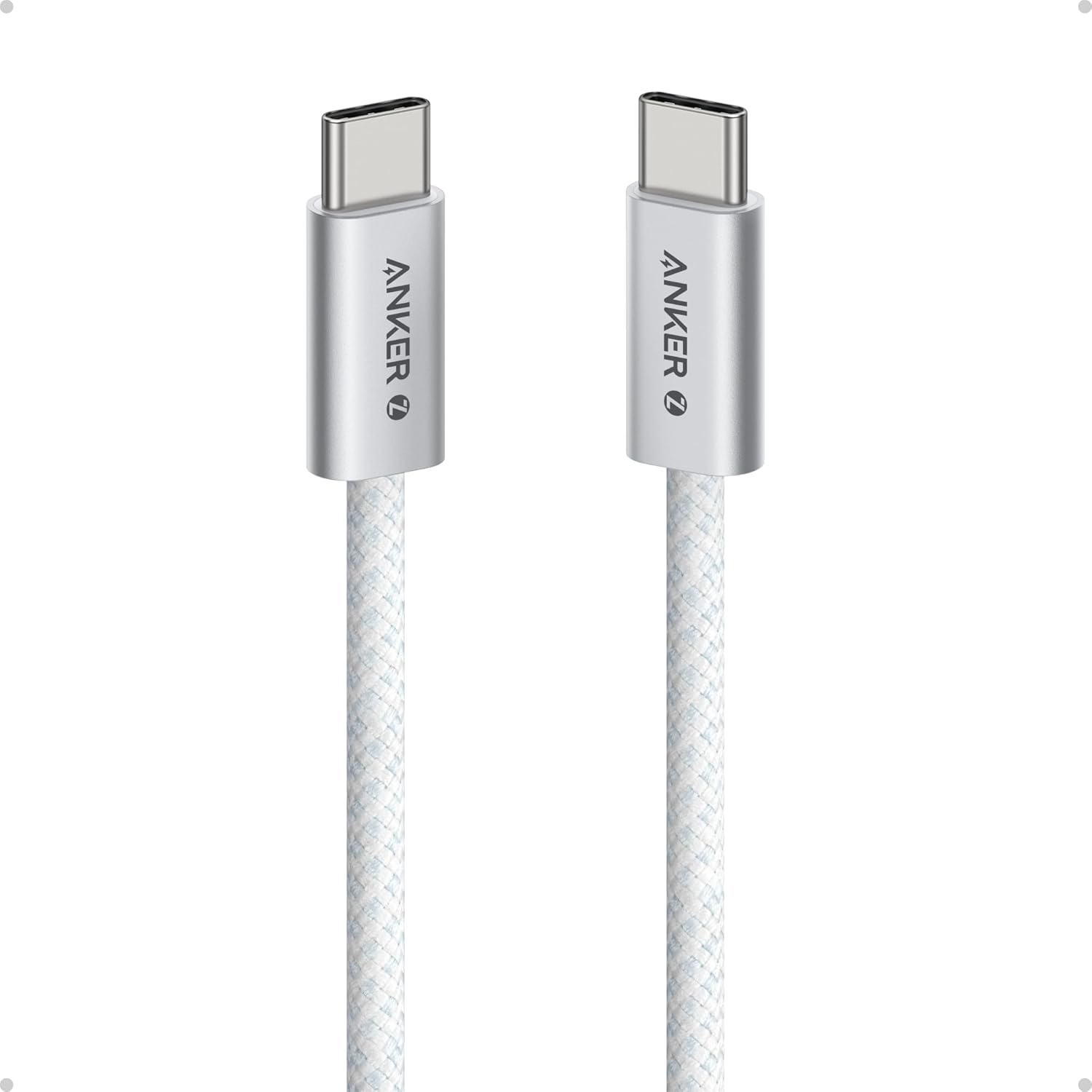 كابل أنكر زولو 240 واط من USB Type-C إلى USB Type-C، كابل مضفر ومضاد للأوساخ من النوع C للشحن السريع بطول 1 متر - أبيض