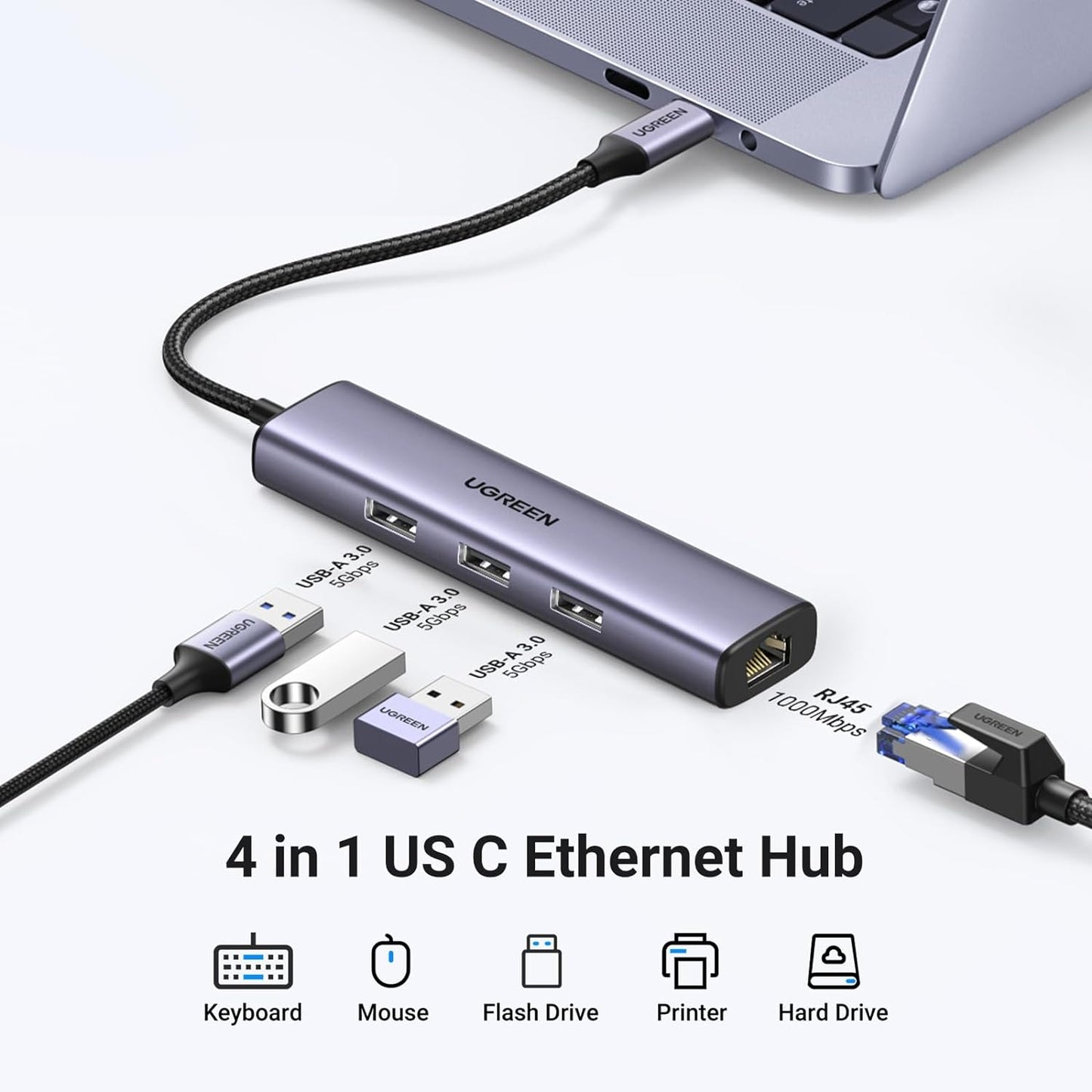 محول إيثرنت يوجرين USB-C إلى 3 منافذ USB-A 3.0 بسرعة تصل إلى 5 جيجابت في الثانية + مدخل جيجا ايثرنت / 60600