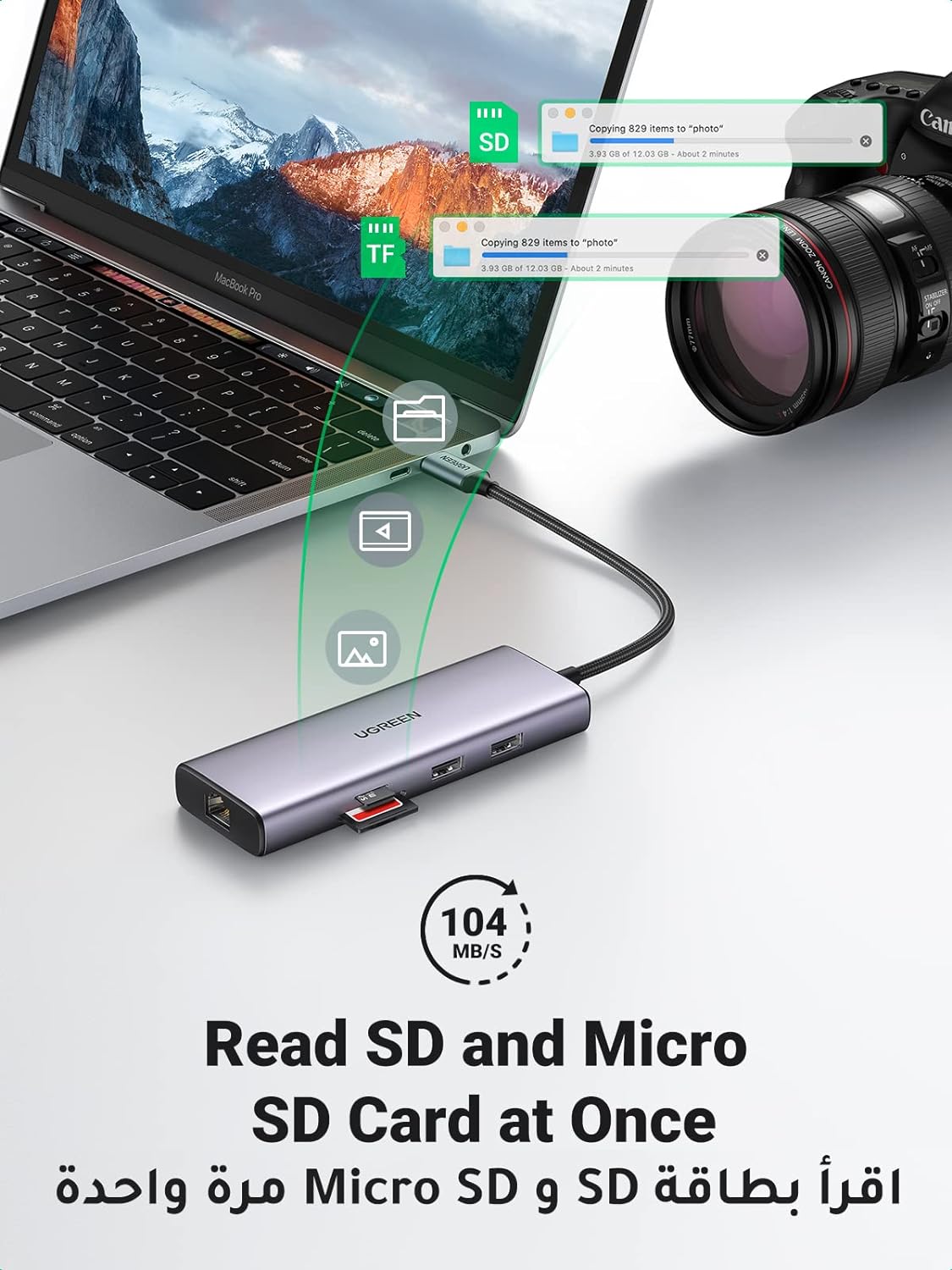 90119 / UGREEN USB-C to 2×USB 3.0+1×USB 2.0+2×HDMI+RJ45(1000M)+SD+TF+PD 4K60Hz