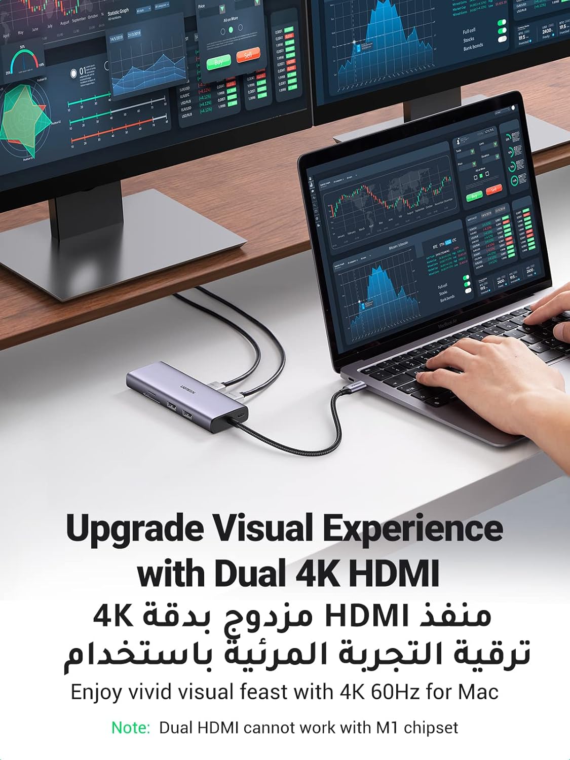 90119 / UGREEN USB-C to 2×USB 3.0+1×USB 2.0+2×HDMI+RJ45(1000M)+SD+TF+PD 4K60Hz