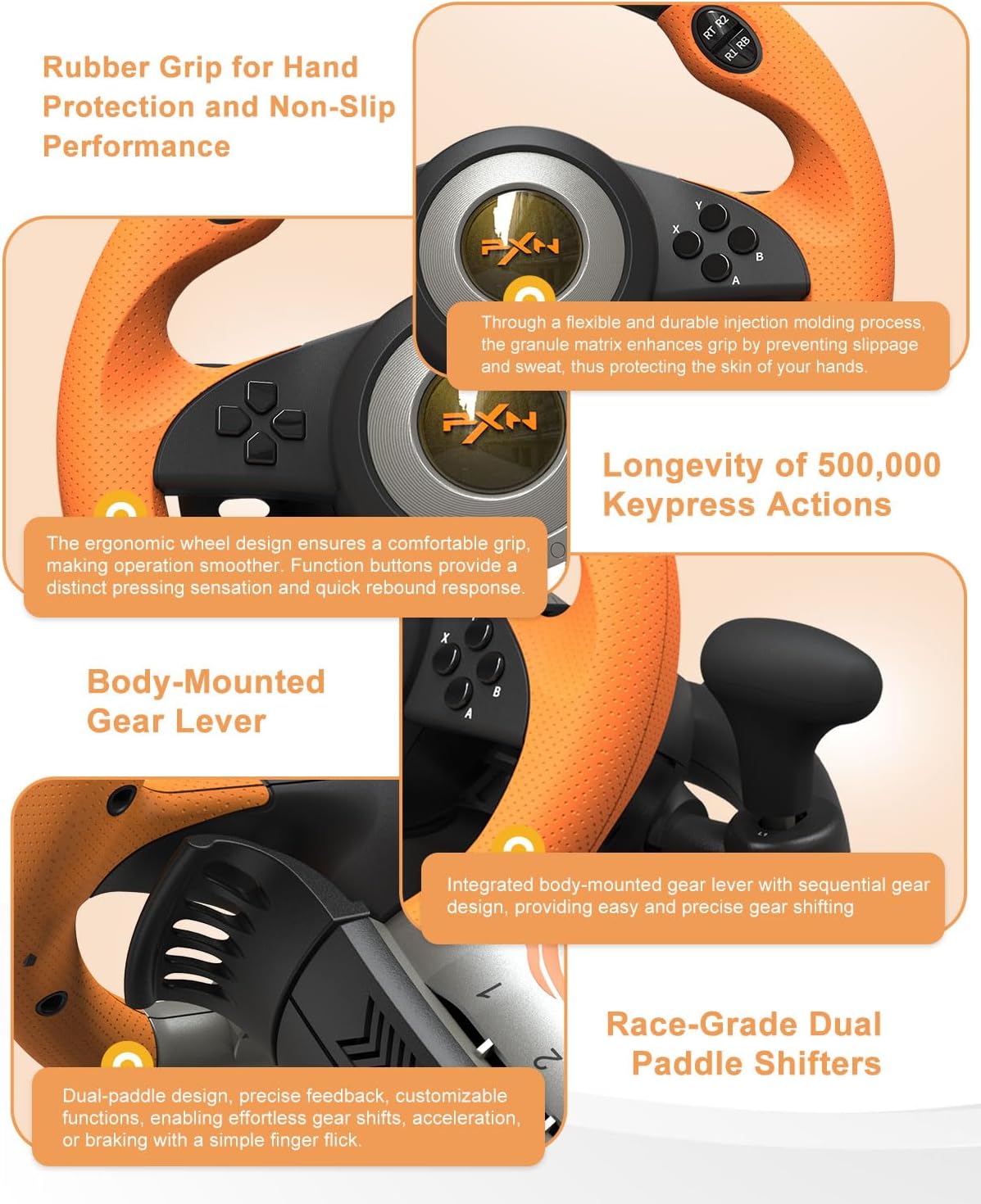 PXN V3 Pro Games Steering Wheel | (Black - Orange)