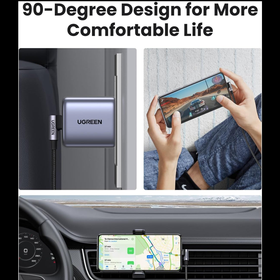 UGREEN USB-C  2.0 Male To Angled USB-C 2.0 Male 3A Data Cable(90°Angle) /US255