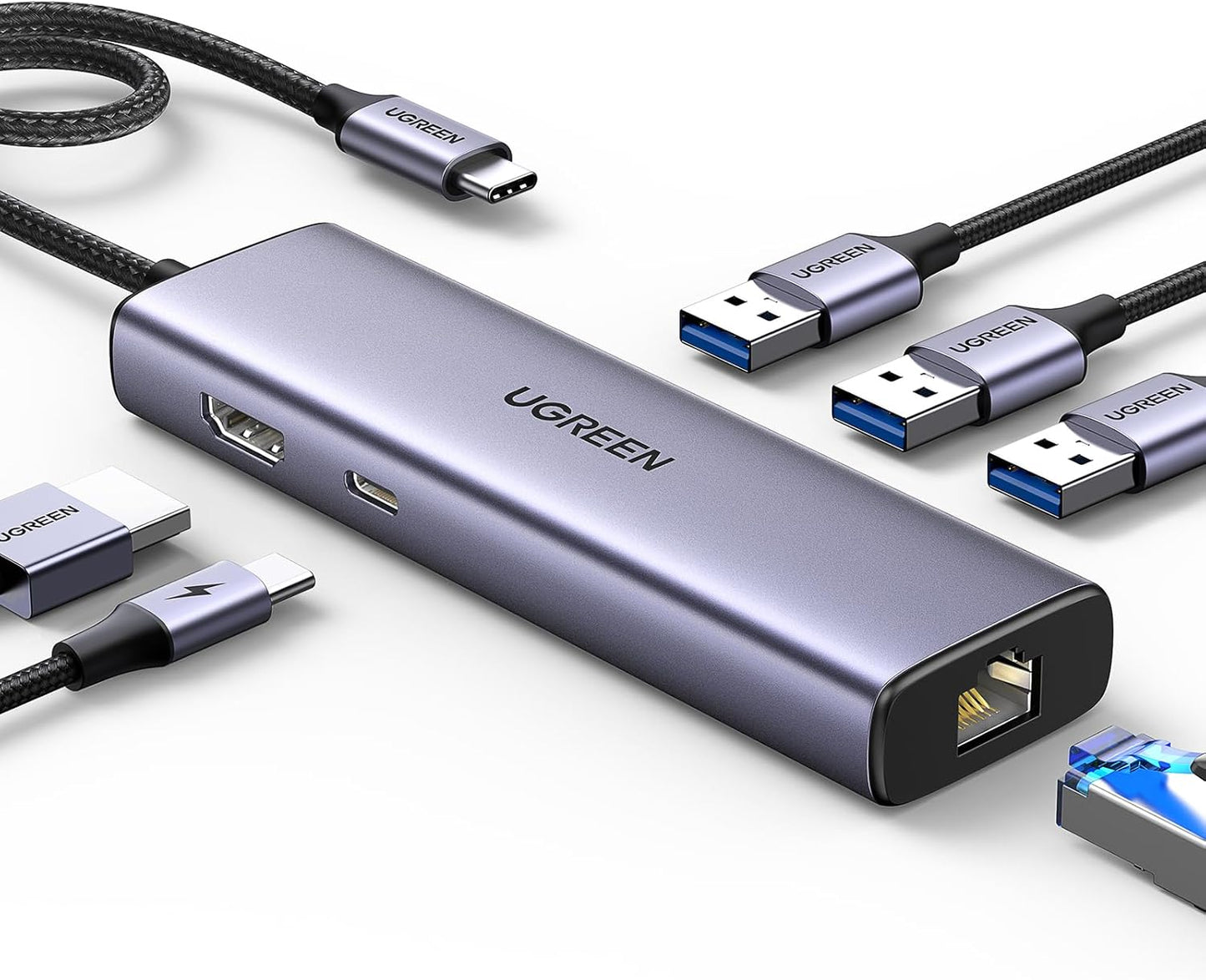 15598 / UGREEN USB-C to 3xUSB 3.0 A + HDMI  4K@30Hz + RJ45 Gigabit + PD Multifunction Adapter