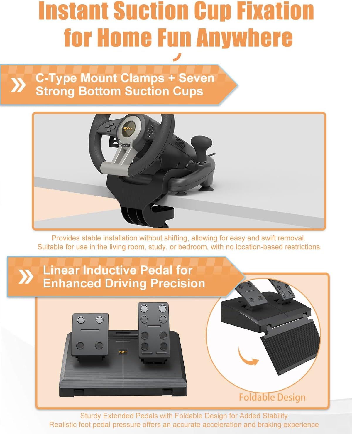 PXN V3 Pro Games Steering Wheel | (Black - Orange)