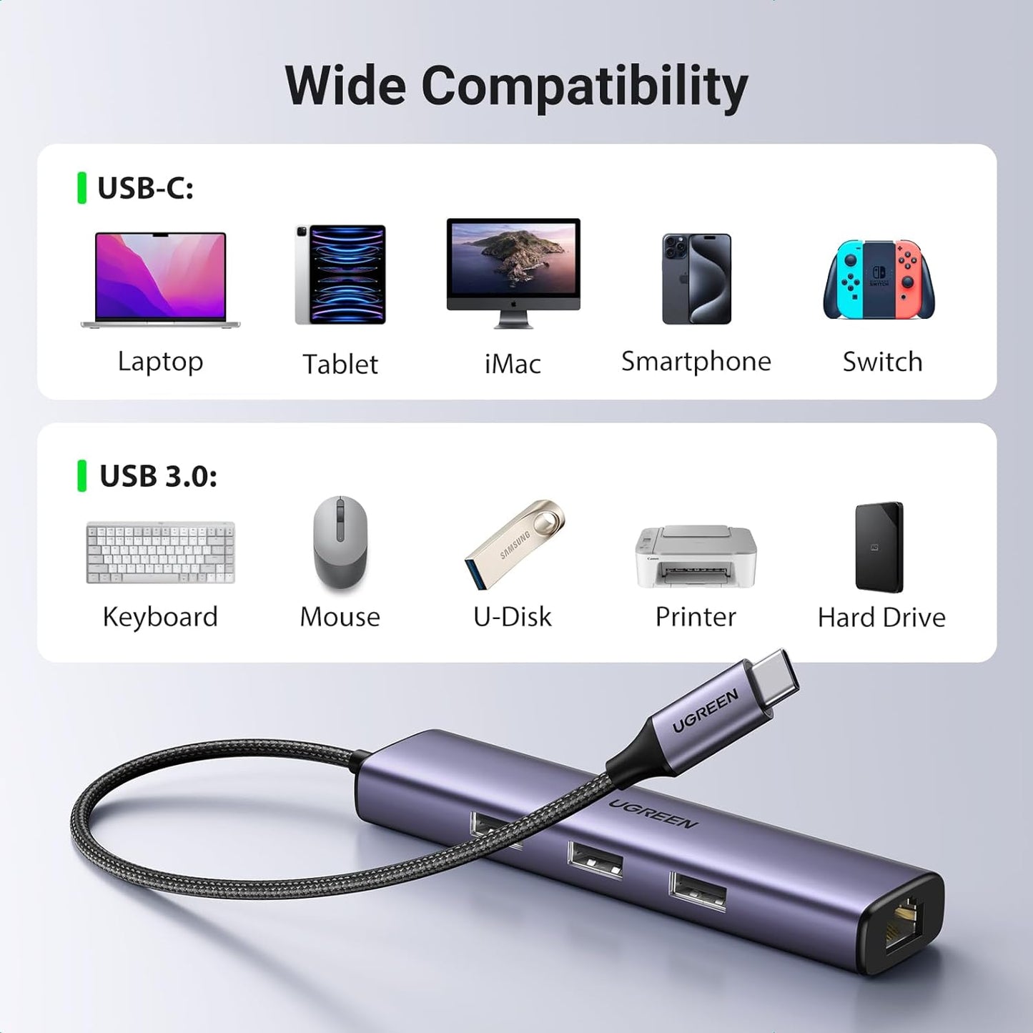 محول إيثرنت يوجرين USB-C إلى 3 منافذ USB-A 3.0 بسرعة تصل إلى 5 جيجابت في الثانية + مدخل جيجا ايثرنت / 60600