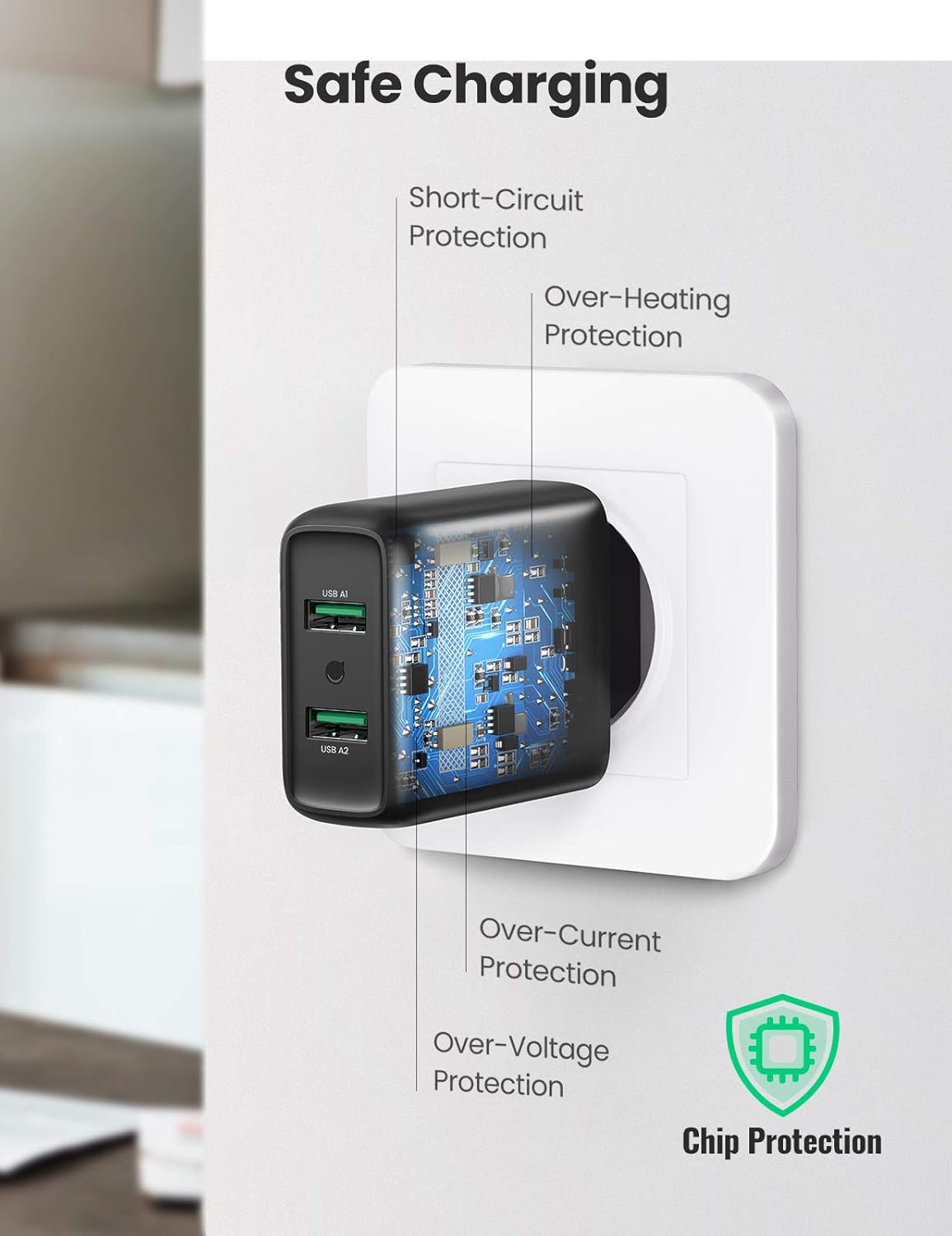 شاحن يو إس بي 10216 من يوجرين 36 وات بتقنية الشحن السريع 3.0 ومحول شاحن بمنفذين (أسود)/ 10216 شاحن يو إس بي 10216 من يوجرين 36 وات بتقنية الشحن السريع 3.0 ومحول شاحن بمنفذين (أسود)/ 10216