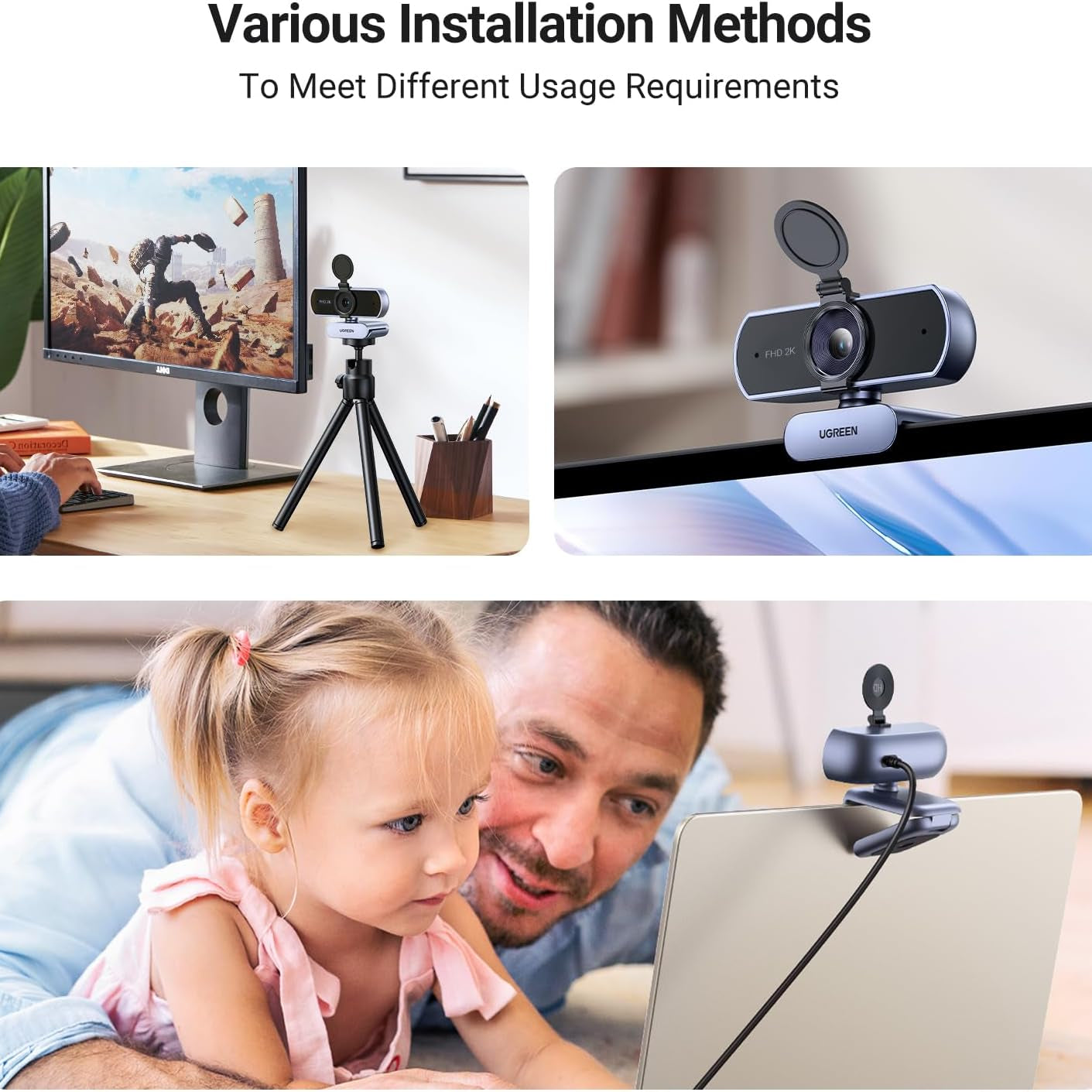 كاميرا ويب UGREEN 2K، كاميرا ويب عالية الدقة 1080 بكسل للكمبيوتر الشخصي، كاميرا ويب مع التركيز التلقائي/25442