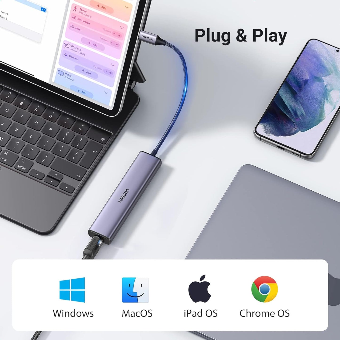 محول إيثرنت يوجرين USB-C إلى 3 منافذ USB-A 3.0 بسرعة تصل إلى 5 جيجابت في الثانية + مدخل جيجا ايثرنت / 60600