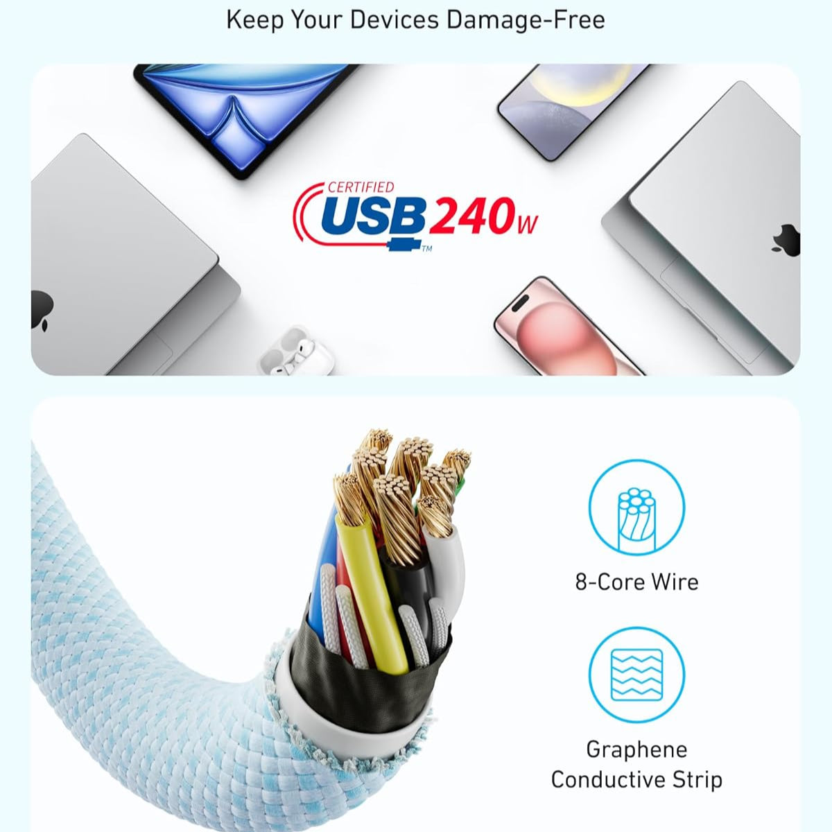 كابل أنكر زولو 240 واط من USB Type-C إلى USB Type-C، كابل مضفر ومضاد للأوساخ من النوع C للشحن السريع بطول 1 متر - أبيض