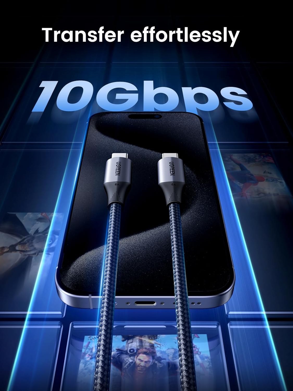 كابل شحن UGREEN 240 واط USB-C إلى USB-C، USB 3.1 الجيل الثاني 10 جيجابت في الثانية 4K@60Hz (1 متر) / US355