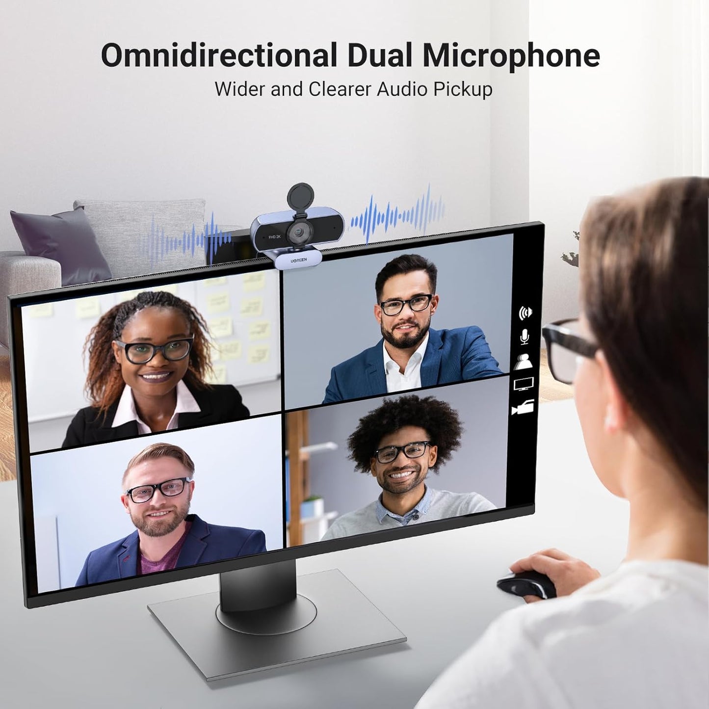 كاميرا ويب UGREEN 2K، كاميرا ويب عالية الدقة 1080 بكسل للكمبيوتر الشخصي، كاميرا ويب مع التركيز التلقائي/25442