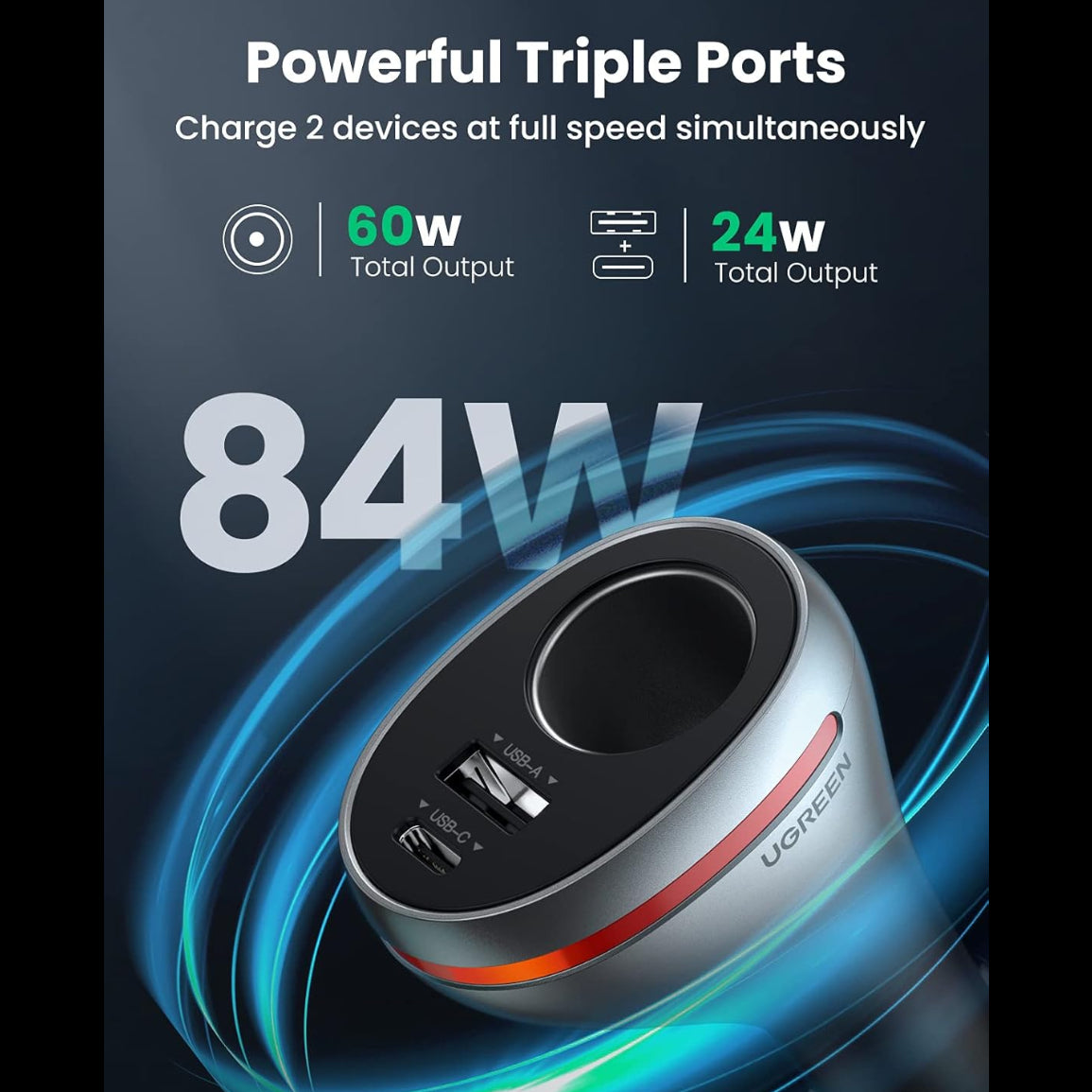 UGREEN Dual Port Single Extension PD 84W Car Charger / 60712