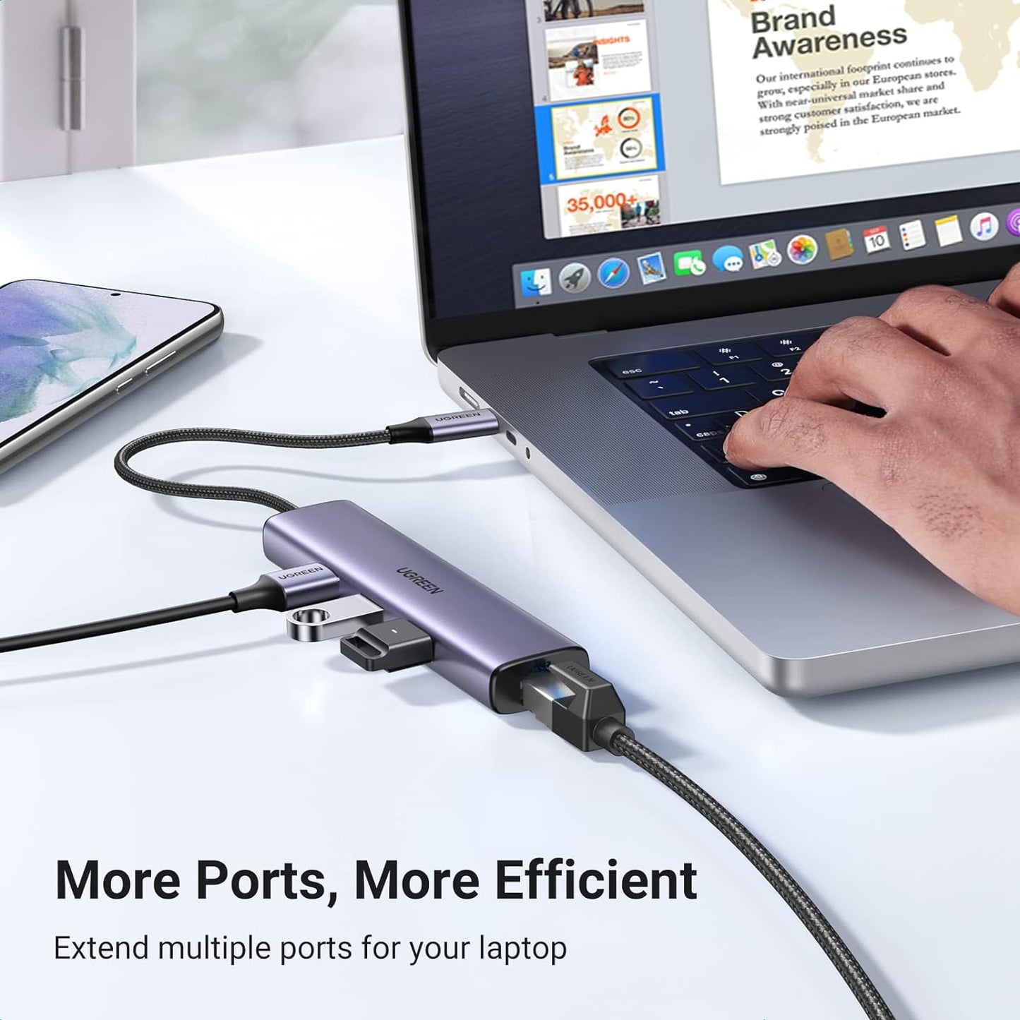 محول إيثرنت يوجرين USB-C إلى 3 منافذ USB-A 3.0 بسرعة تصل إلى 5 جيجابت في الثانية + مدخل جيجا ايثرنت / 60600