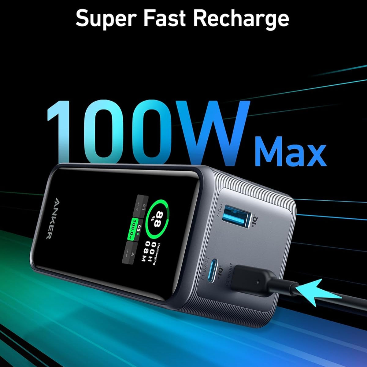 باور بانك Anker Prime بسعة 20000 مللي أمبير/ساعة، 200 واط، منفذي USB-C ومنفذ USB-A