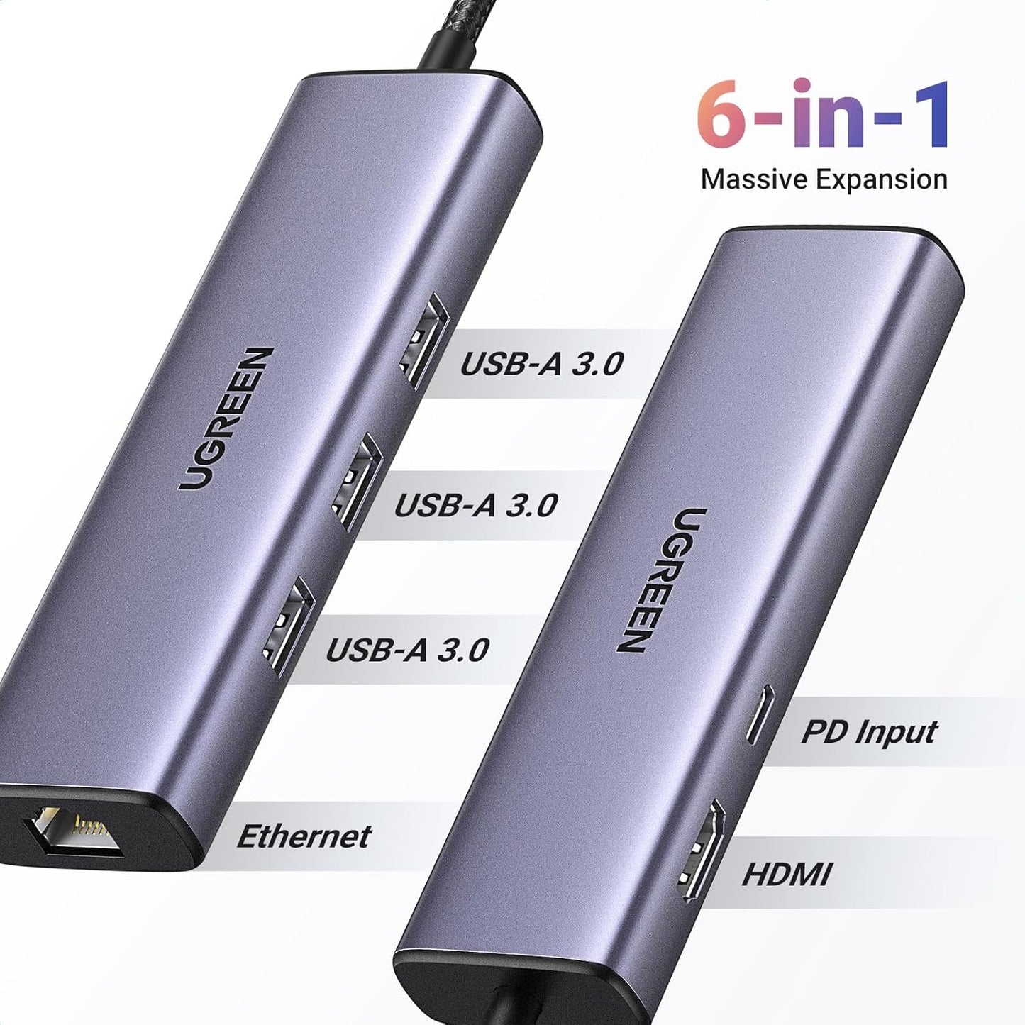 15598 / UGREEN USB-C to 3xUSB 3.0 A + HDMI  4K@30Hz + RJ45 Gigabit + PD Multifunction Adapter