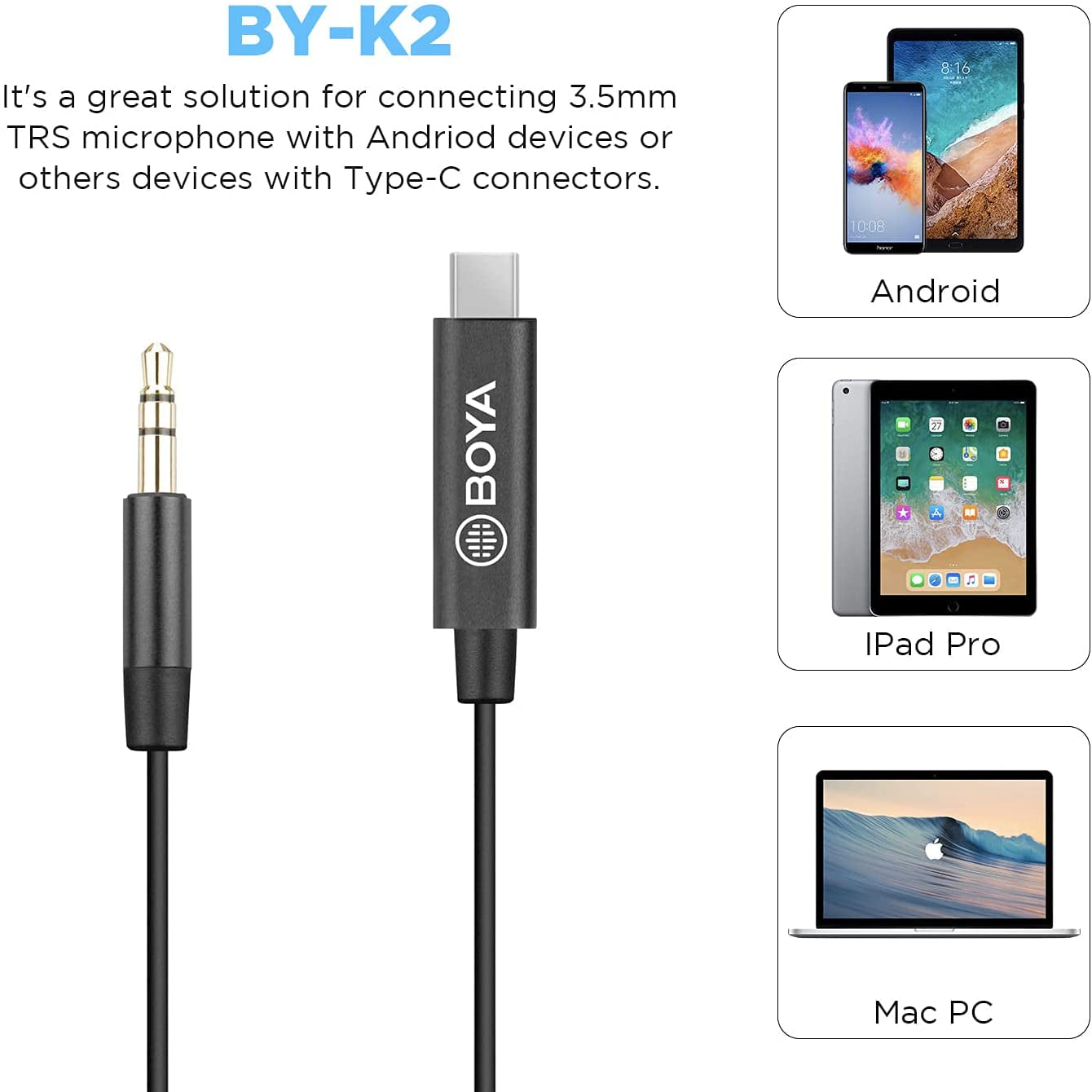 BOYA BY-K2 3.5mm TRS Male to Type-C Male Audio Adapter Cable (7.8in)