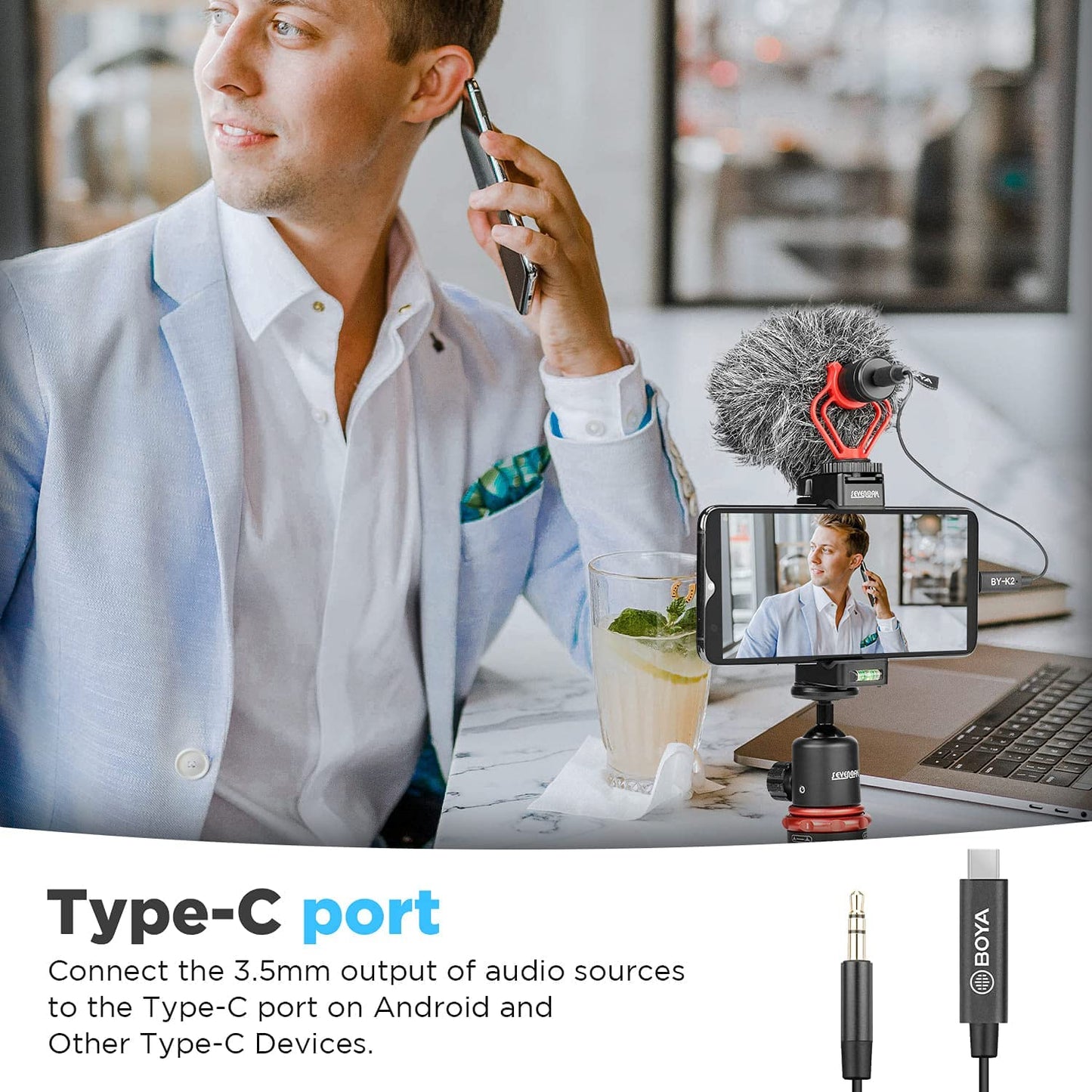 BOYA BY-K2 3.5mm TRS Male to Type-C Male Audio Adapter Cable (7.8in)