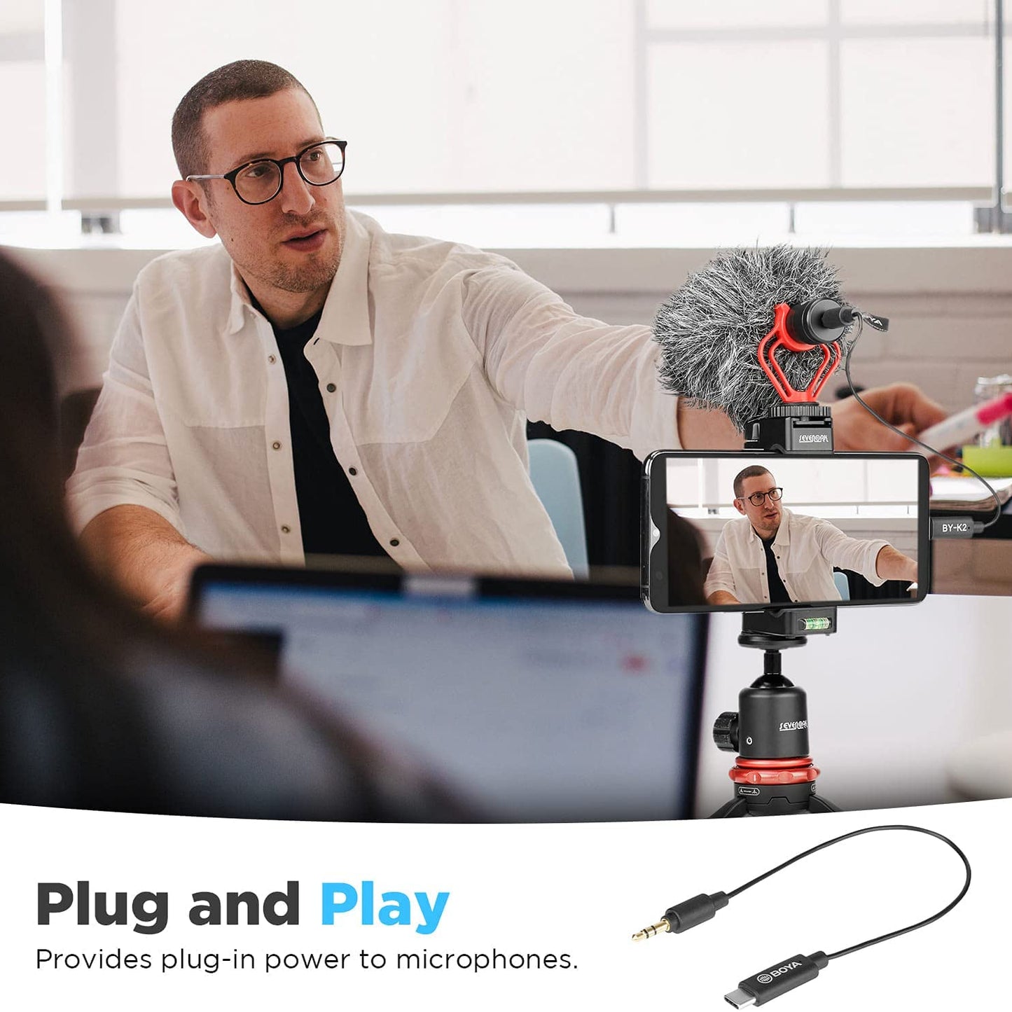 BOYA BY-K2 3.5mm TRS Male to Type-C Male Audio Adapter Cable (7.8in)