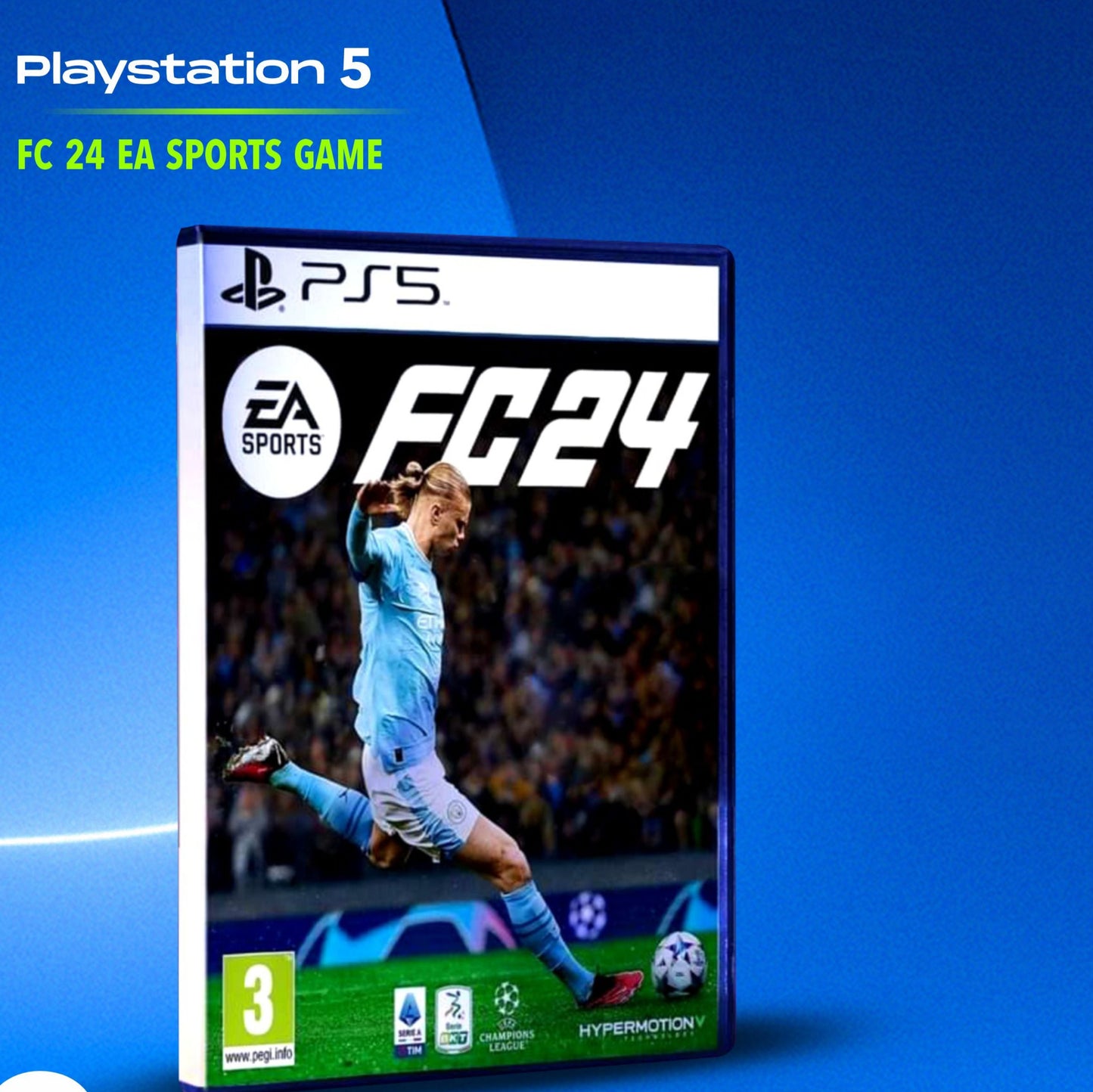 FIFA 24 game disk for PS5, featuring a player in mid-jump on the cover.